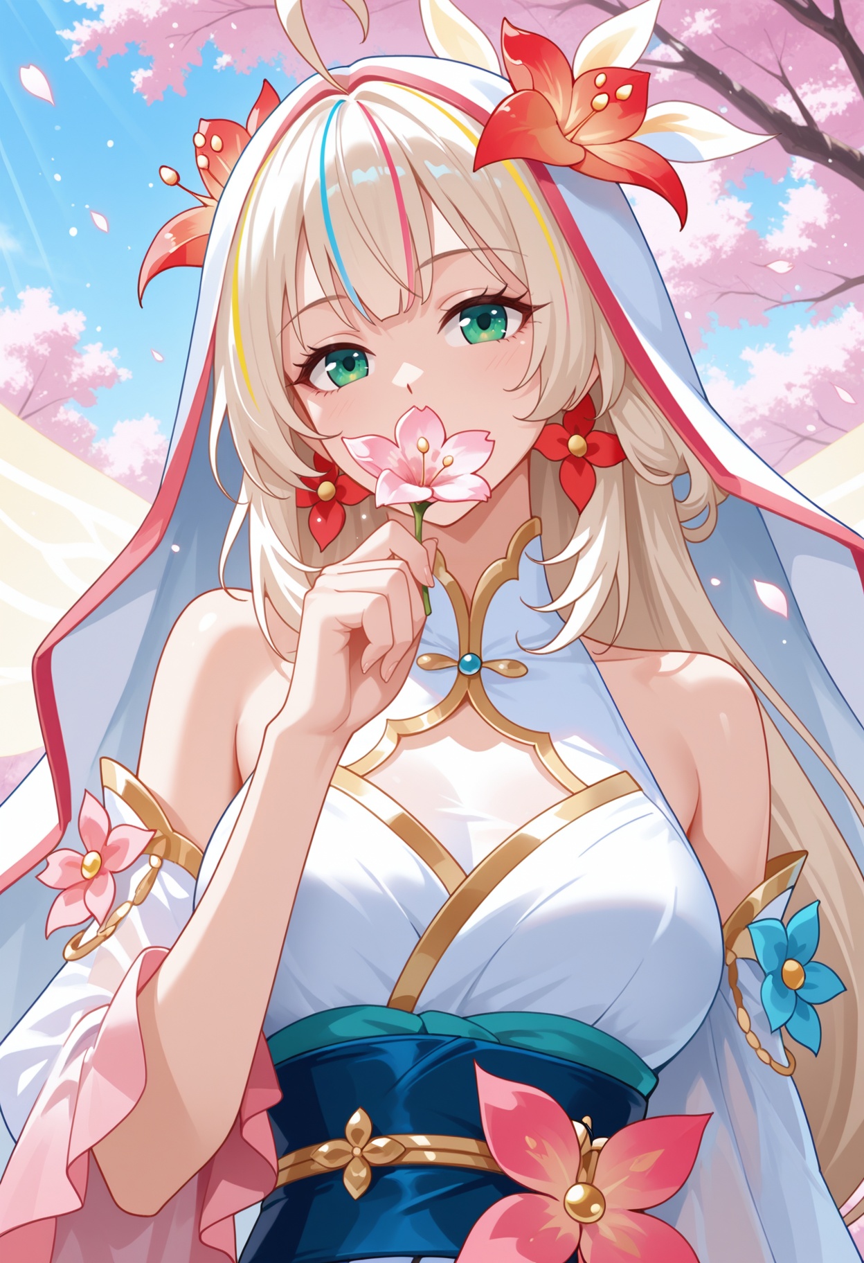 1girl,solo,cherry blossoms,shirt,holding,petals,flower,looking at viewer,upper body,branch,pink flower,white shirt,bare shoulders,collared shirt,sleeveless shirt,holding flower,outdoors,falling petals,day,sky,blue sky,leaf,upper_body,eyelashes,light particles,dappled sunlight,sunlight,pink theme,tree,covering mouth,hand up,covered mouth,<lora:祈忆歌:1>,qiyige,1girl,long hair,beige hair,blonde hair,hair ornament,green eyes,flower,ahoge,white hair,multicolored hair,wings,streaked hair,veil,thighhighs,jewelry,very long hair,flower,high heels,white thighhighs,low-tied long hair,absurdly long hair,intricate details,anime costume,elegant outfit,flowing dress,layered clothing,asymmetric hem,bell sleeves,ruffled skirt,obi waistband,off-shoulde,silk satin fabric,translucent tulle accents,gold embroidery,white base clothing,pink-orange gradient accents,lowres,blue floral motifs,red petal details,floating ribbons,airborne clothing,dynamic wind effect,sparkling particles,