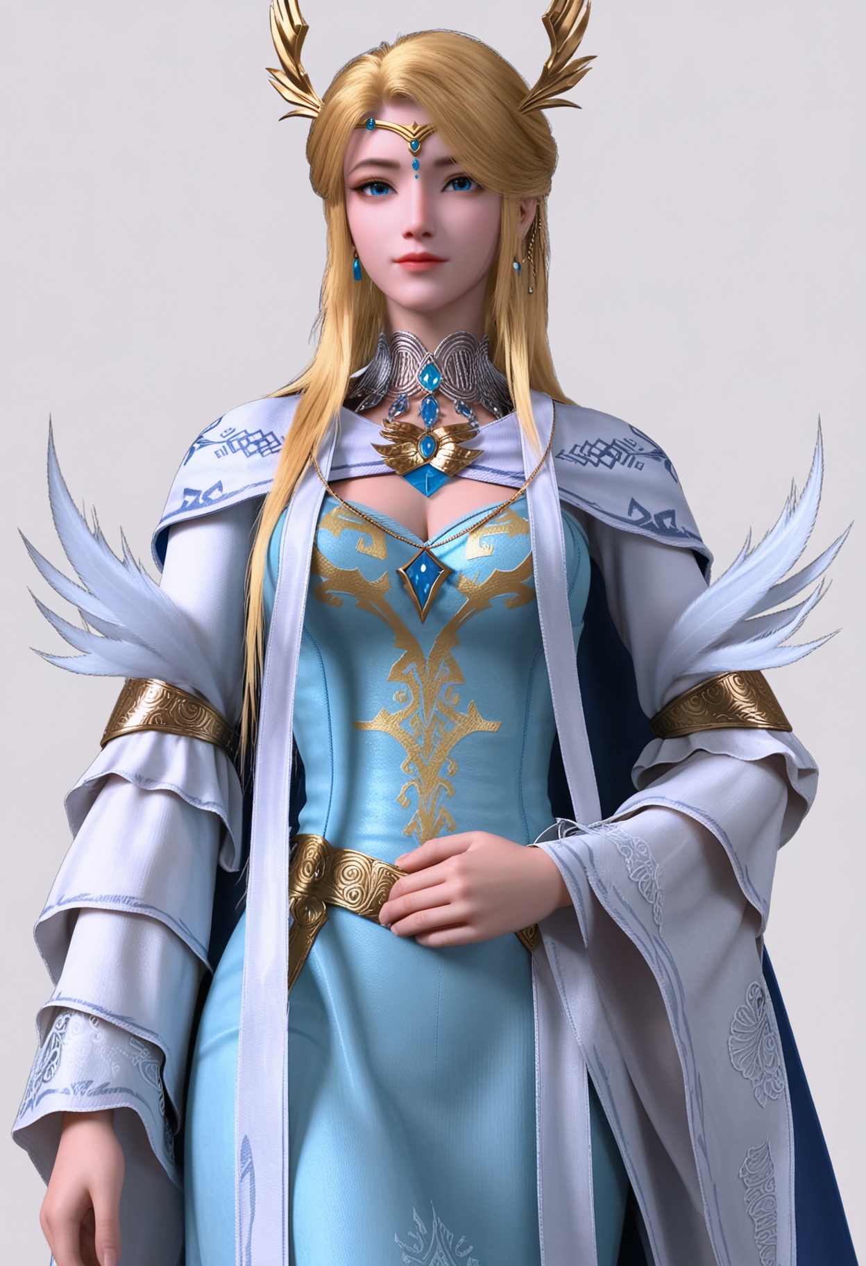 score_9,high detail,best quality,shiny skin,shiny,weiluonika,1girl,solo,blue eyes,blonde hair,long hair,white background,jewelry,dress,hair ornament,closed mouth,simple background,cape,realistic,circlet,breasts,earrings,blue dress,feathers,cleavage cutout,cleavage,long sleeves,looking at viewer,thighs,<lora:QQSponyweiluonikaV1:0.8>,<lora:Pony_DetailV2.0:0.8>,<lora:皮肤凹痕:0.1>,