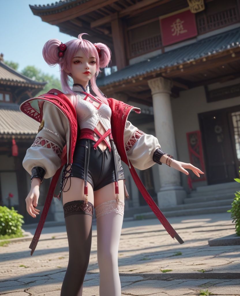 (oriental architecture, elegant decor, sophisticated style:1.1),(hand shaking with a man:1.1),(breasts:1.2),<lora:XL16克金玩家炙珠:0.95>,teenage girl,open red jacket,white corset,red eyes,red lips,pink hair,ahoge,double bun with front strands,hair ornament,black short shorts,mismatched thighhighs,bracelet,sneakers,, score_9,score_8_up,score_7_up,score_6_up,score_5_up,score_4_up,3d rendering,tag1,tag2, Cinematic Lighting,backlighting,, zPDXL3, zPDXL2,zPDXL, zPDXLxxx, zPDXLrl,