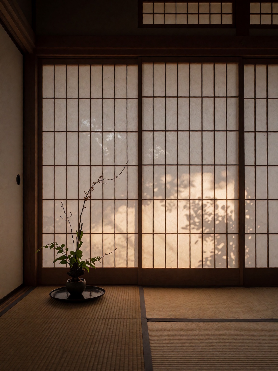 A minimalist Japanese interior with paper screens glowing at dusk,  tatami texture,  single ikebana arrangement on Tensor.Art