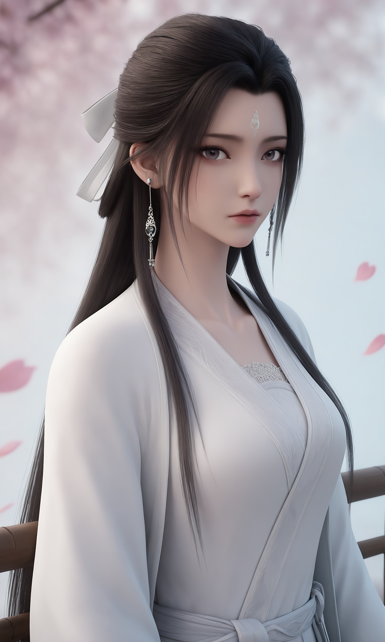 <lora:诛仙3-陆雪琪睡袍ILL:0.8>,1girl,long,straight black hair,flowing,white traditional Chinese robe,white sash,long sleeves,two long braids,, 1girl,solo,upper body,looking at viewer,petals,falling petals,masterpiece,best quality,absurdres,highres,amazing quality,very aesthetic,newest,absurdres,highres,highly detailed,very aesthetic,