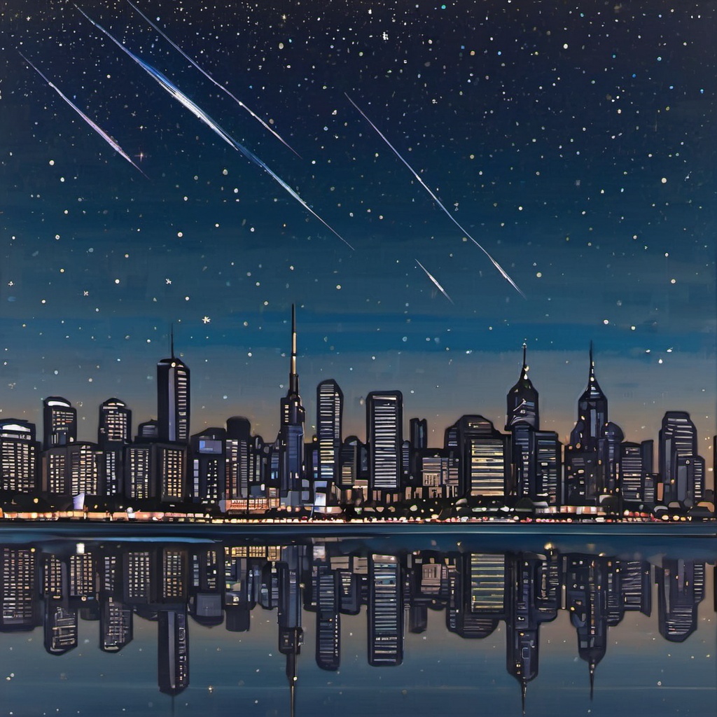 <lora:ukiyo-e_xl:1>,outdoors,sky,water,no humans,night,building,star \(sky\),night sky,scenery,starry sky,reflection,blue theme,city,cityscape,skyscraper,shooting star,city lights,a serene nighttime cityscape with tall buildings reflecting on a calm body of water,the sky is awash with a mesmerizing display of stars,with a prominent milky way-like formation stretching across the sky,shooting stars or meteorites can be seen streaking across the sky,adding to the celestial ambiance.,the city lights though subtle,provide a warm contrast to the cool tones of the night,负向提示