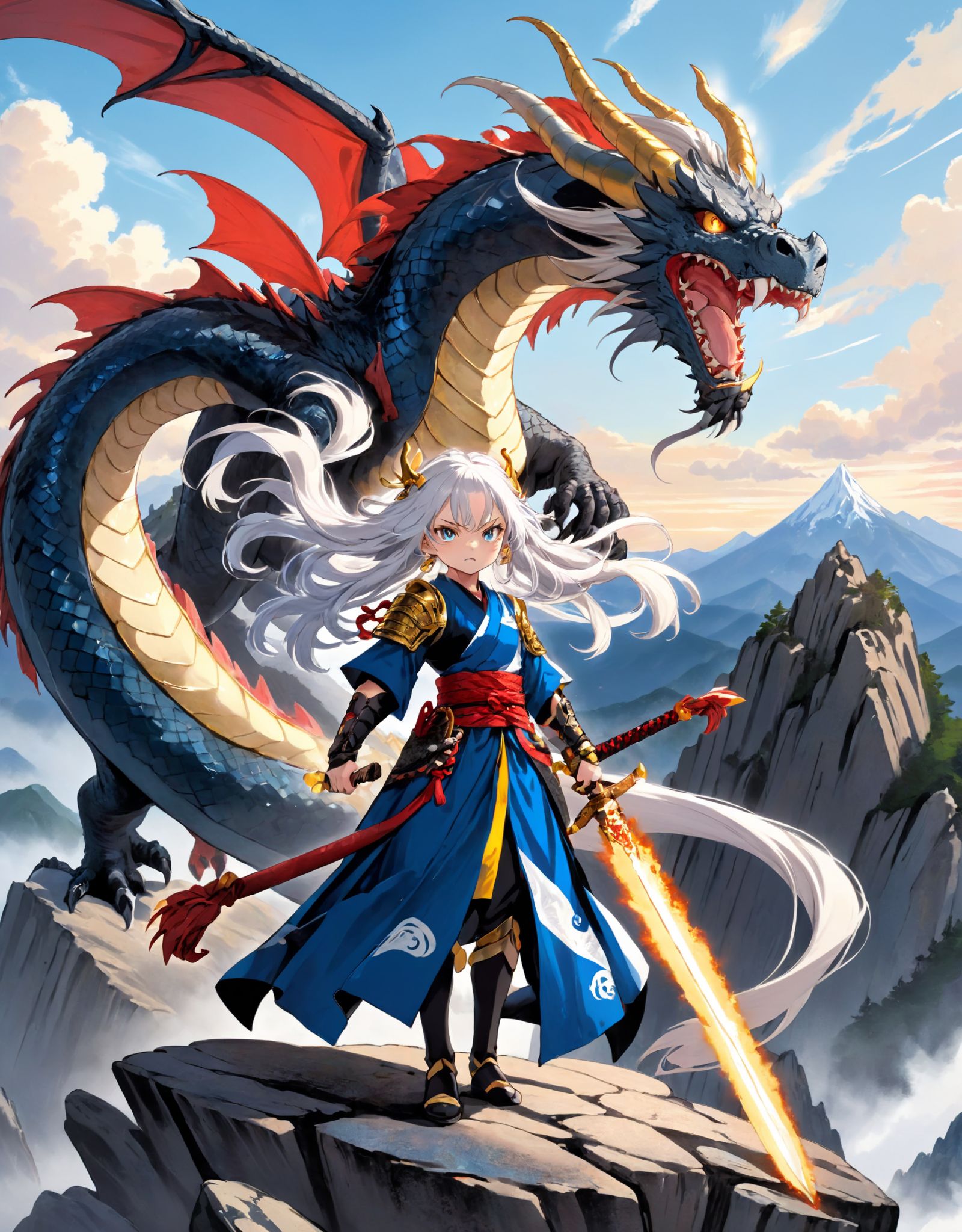 Photo of Tama-Kin-Slayer standing on a rocky mountain peak,  wielding a golden sword with a fierce expression,  as the win...
