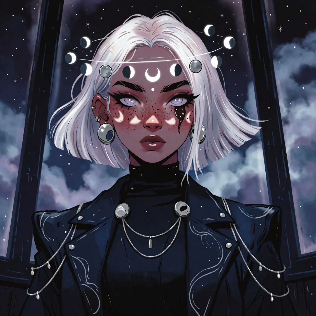 A young woman with cool brown skin,  pale lilac eyes,  and short white hair cut into an uneven bob. Several small silver d...