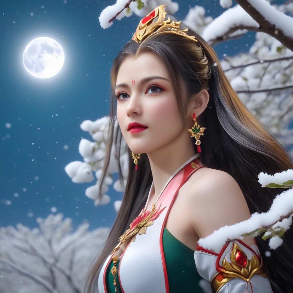 <lora:710-DA-XL-师兄啊师兄-酒玖:0.8>(,1girl, ,best quality, ),looking at viewer,  ultra realistic 8k cg, picture-perfect face,   clean, masterpiece,     cinematic lighting, cinematic bloom, fantasy,  , unreal, science fiction, ((,1girl, pov,))(((,tree, 1girl, full moon,snowing,snow ,solo,     solo focus,  long_hair, looking_at_viewer,  )))  (rich:1.4,)     prestige, luxury, jewelry, diamond, gold, pearl, gem, sapphire, ruby, emerald, intricate detail, delicate pattern, charming, alluring, seductive, erotic, enchanting, hair ornament, necklace, earrings, bracelet, , 