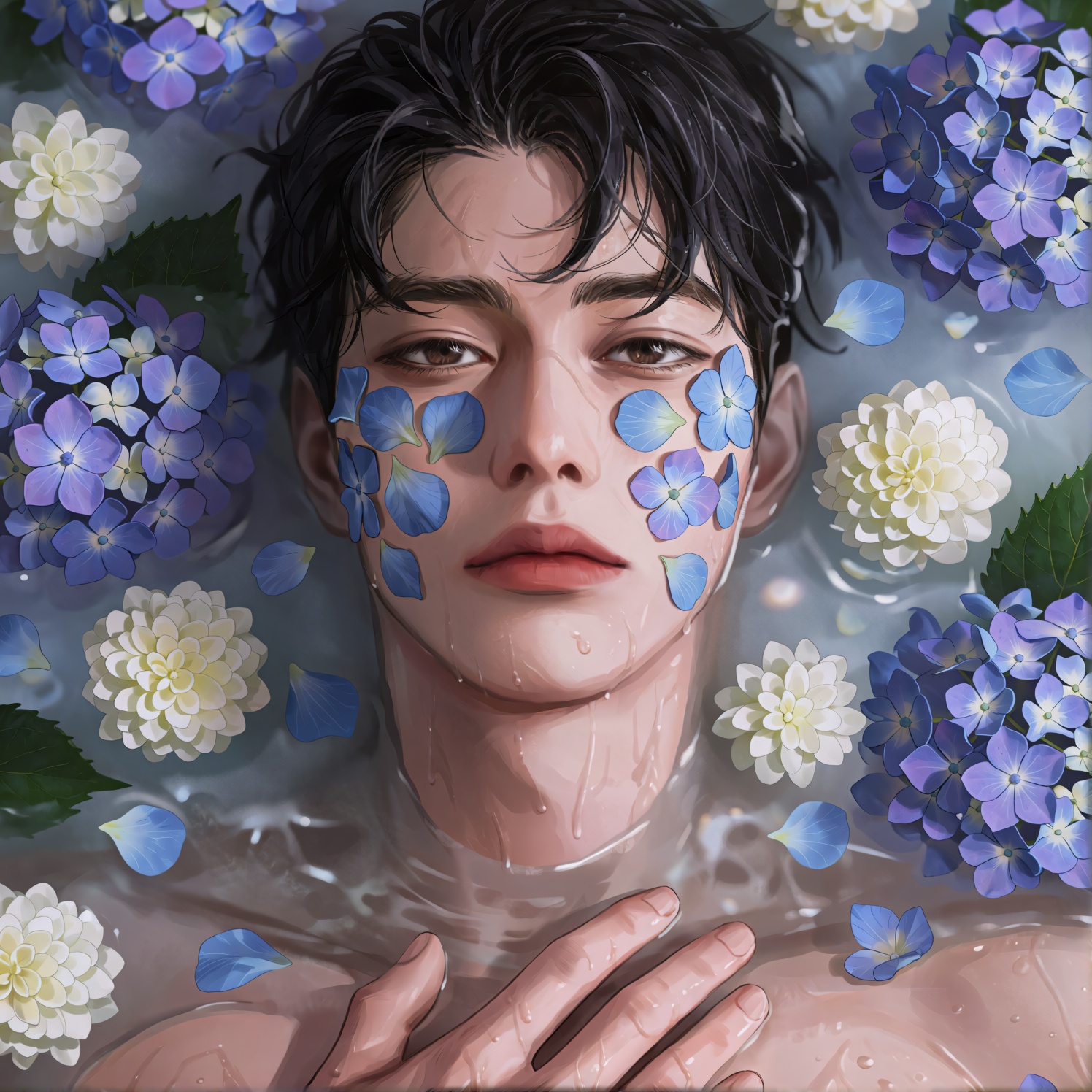 Top-down portrait of an young man reclining in milky water,  face partially submerged,  wet dark hair slicked back on Tens...
