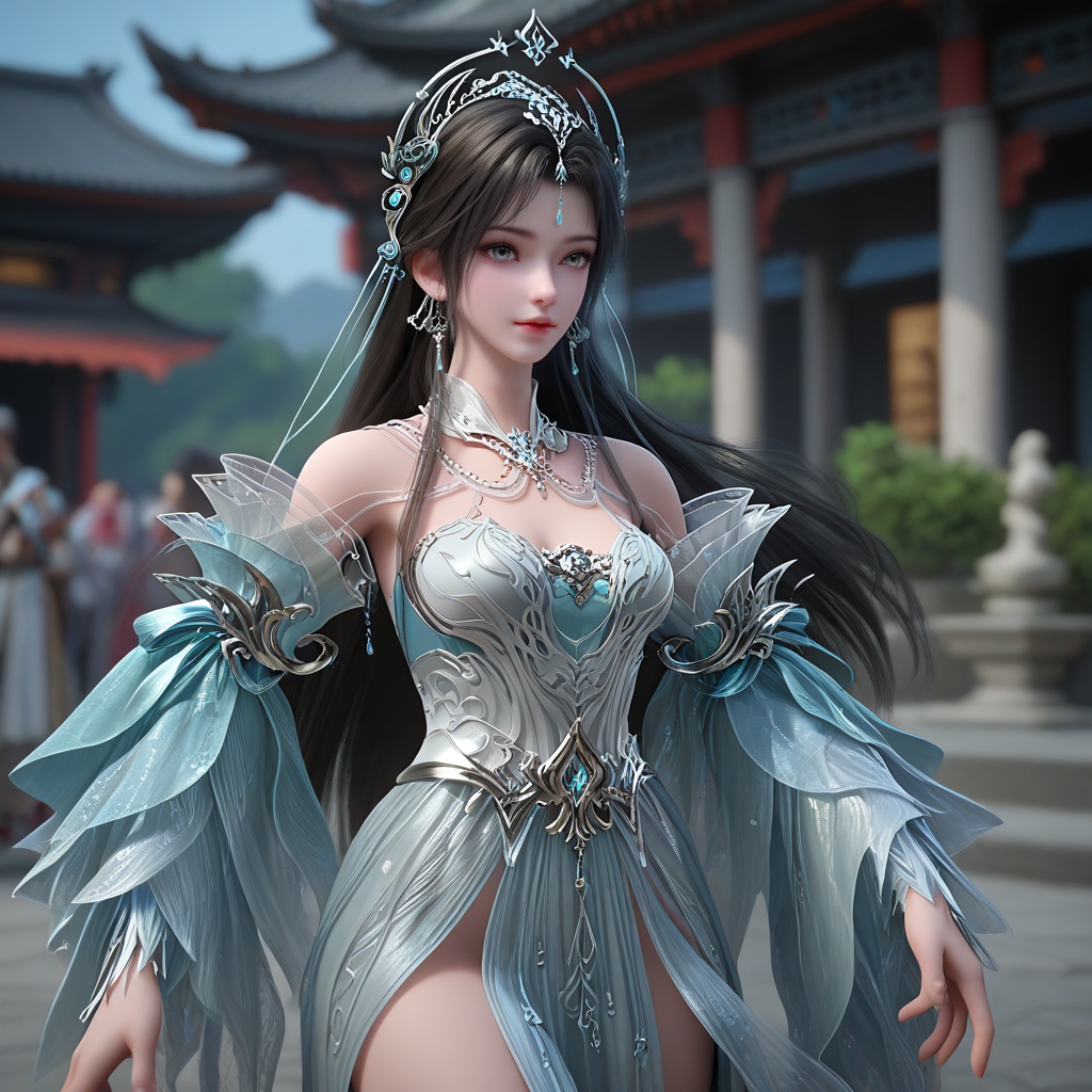 (oriental architecture, elegant decor, sophisticated style:1.1),jogging,(breasts:1.2),<lora:XL16完美世界天神书院清漪:0.95>,miss qingyi,white sheer corset dress over a pale blue underlay,grey eyes,black hair,hair ornament,half-up crown ponytail with long cascading hair,very long hair,jewelry,wide flowing sleeves,pelvic curtain,, zPDXL2, score_9, score_8_up, score_7_up BREAK realistic, masterpiece,best quality, highly detailed,, zPDXL3, zPDXL2,zPDXL, zPDXLxxx, zPDXLrl,