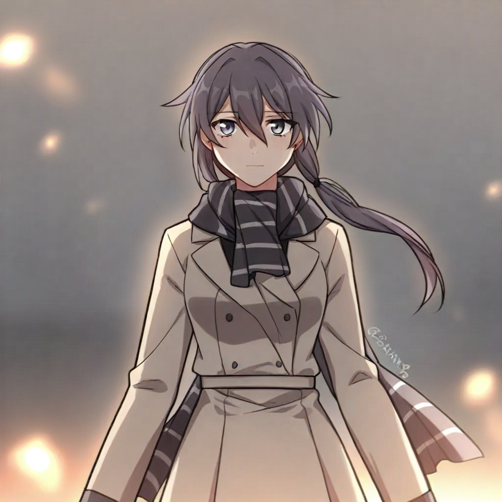 artist:erbeng, erbeng_stylehair between eyes, long hair, long sleeves, scarf<lora:erbeng-ill:0.8>