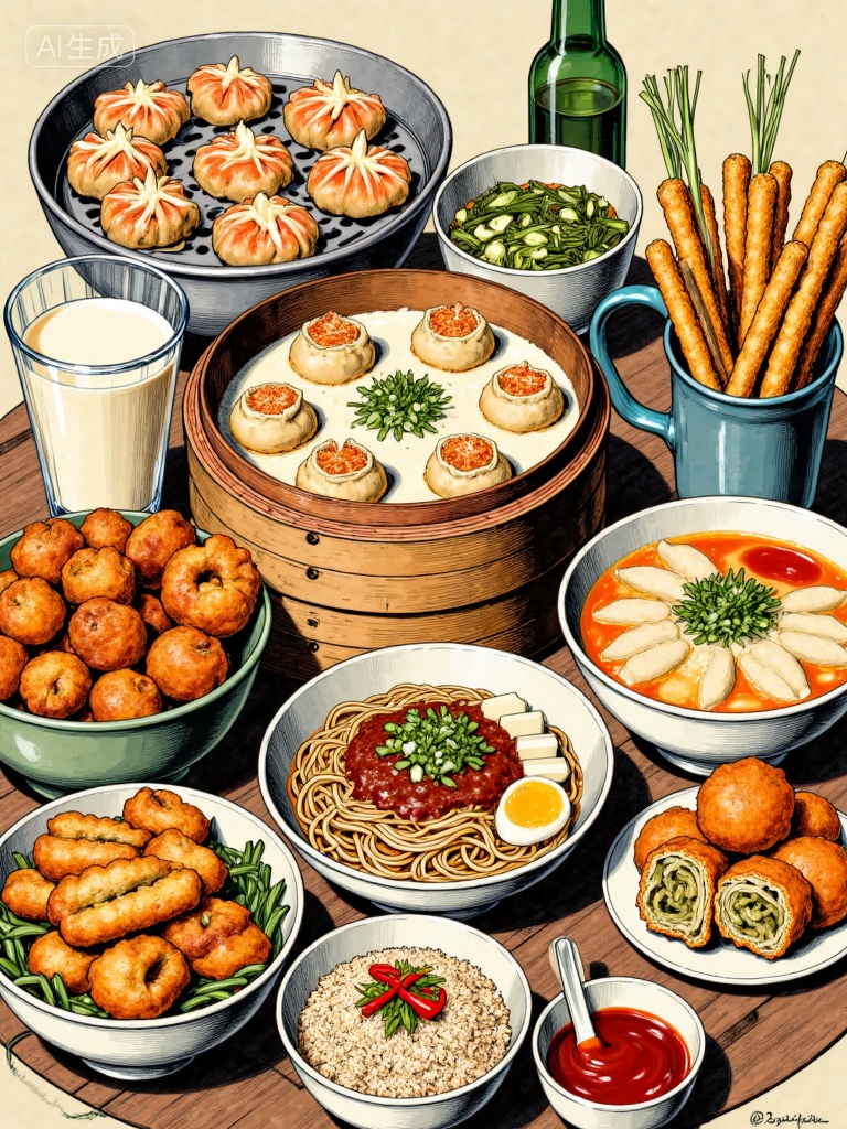 Realistic style of food illustration,Chinese breakfast illustration), Main subject: A rich Chinese breakfast, Food details:, Steamer: Baozi, shrimp dumplings, Bowls: Soy milk, tofu pudding (with sauce and green onions), wonton noodles, noodles (with tofu cubes and green onions), Special snacks: Fried dough sticks, pan cakes (rolled with vegetables and meat threads), fried rice, pickled vegetables, tea eggs, Seasoning: Red chili sauce, Style: Retro-style illustration, color aging, bold lines, full of the atmosphere of street breakfasts., Negative prompt: ng_deepnegative_v1_75t,(badhandv4:1.2),EasyNegative,(worst quality:2),,nsfw, Steps: 30, Sampler: Euler, CFG scale: 7.0, Seed: 1832765731, Size: 768x1024, Model hash: 8cba4f1ef4, Model: F.1基础算法模型-哩布在线可运行_F.1-dev-fp8.safetensors, Denoising strength: 0, RNG: CPU, Lora 1: 而已, Lora Hash 1: de715ed38f, Lora Weight 1: 0.8, vae_name: automatic