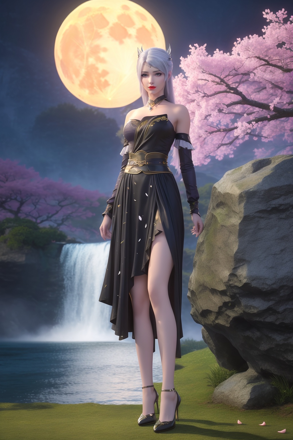 photo_\(medium\),(8k, RAW photo, best_quality),(masterpiece:1.2),(realistic:1.2),(photorealistic:1.3),(ultra-detailed),(extremely_detailed_cg_8k_wallpaper),(crystal_texture_skin:1.3),(shiny:1.2),(shiny_skin:1.4),(extremely_delicate_and_beautiful),(scenery, waterfall, (cherry_blossoms), (milfeulle_sakuraba), (petals, falling_petals), full_moon, moon, night, moonlight, night_sky, sky, petals, water, stone),shenfengLuoLi,1girl,solo,dress,torogao,breasts,large breasts,circlet,white hair,pendant,detached collar,standing,jewelry,hair ornament,earring,necklace,red lips,realistic,looking at viewer,high heels,<lora:shenfengLuoLi_20240413131506-000004:0.7>,
