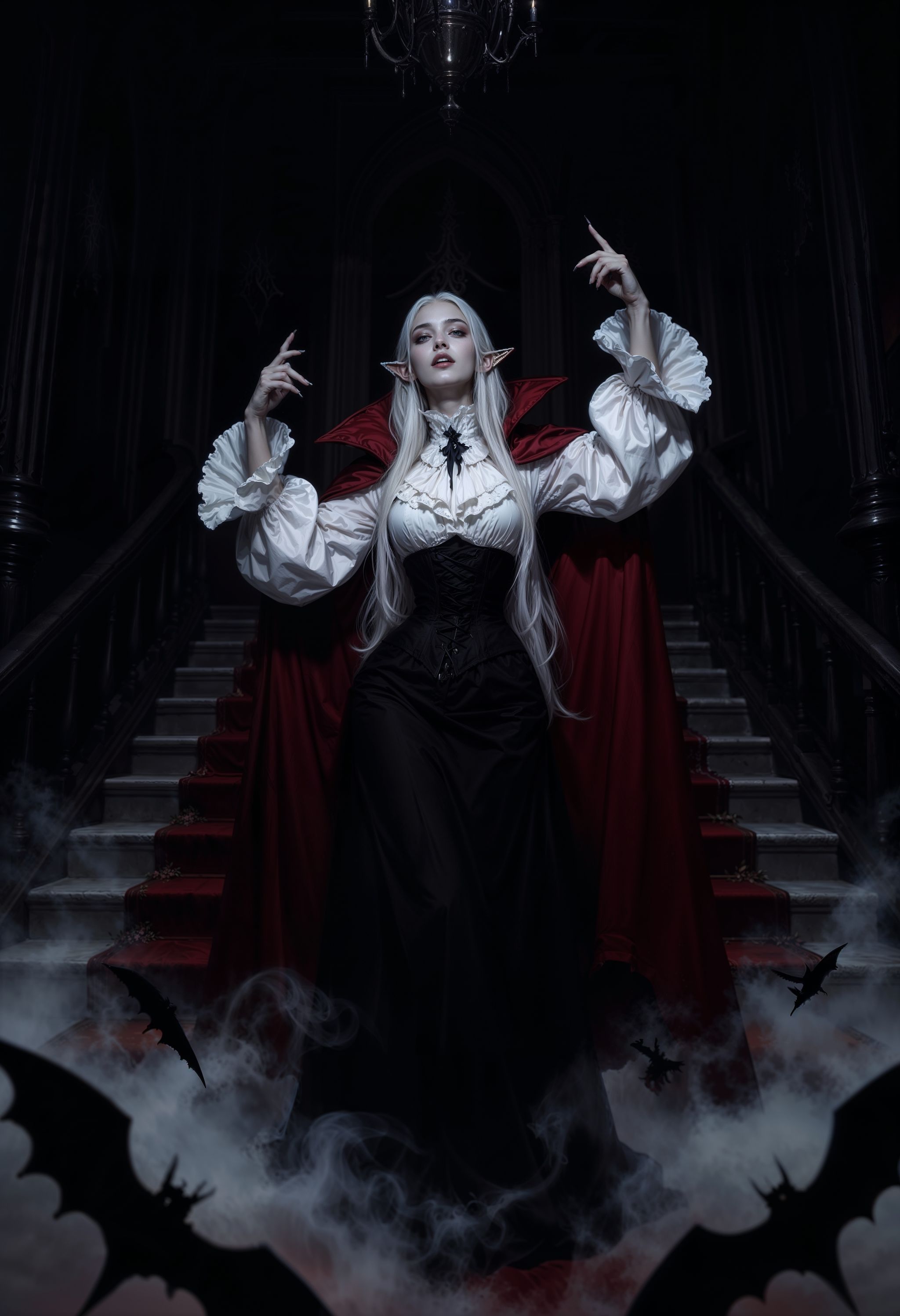 A vampiric figure,  standing in an imposing,  gothic interior on Tensor.Art