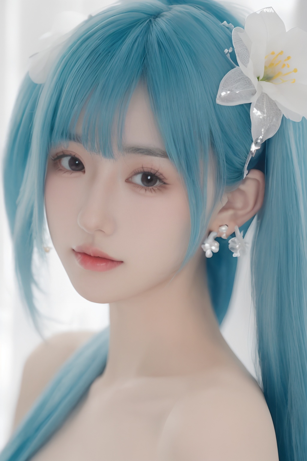 1girl, flower, hair_flower, hair_ornament, earrings, solo, jewelry, hatsune_miku, white_flower, closed_mouth, looking_at_viewer<lora:sifang_20231118123505:0.7>, 