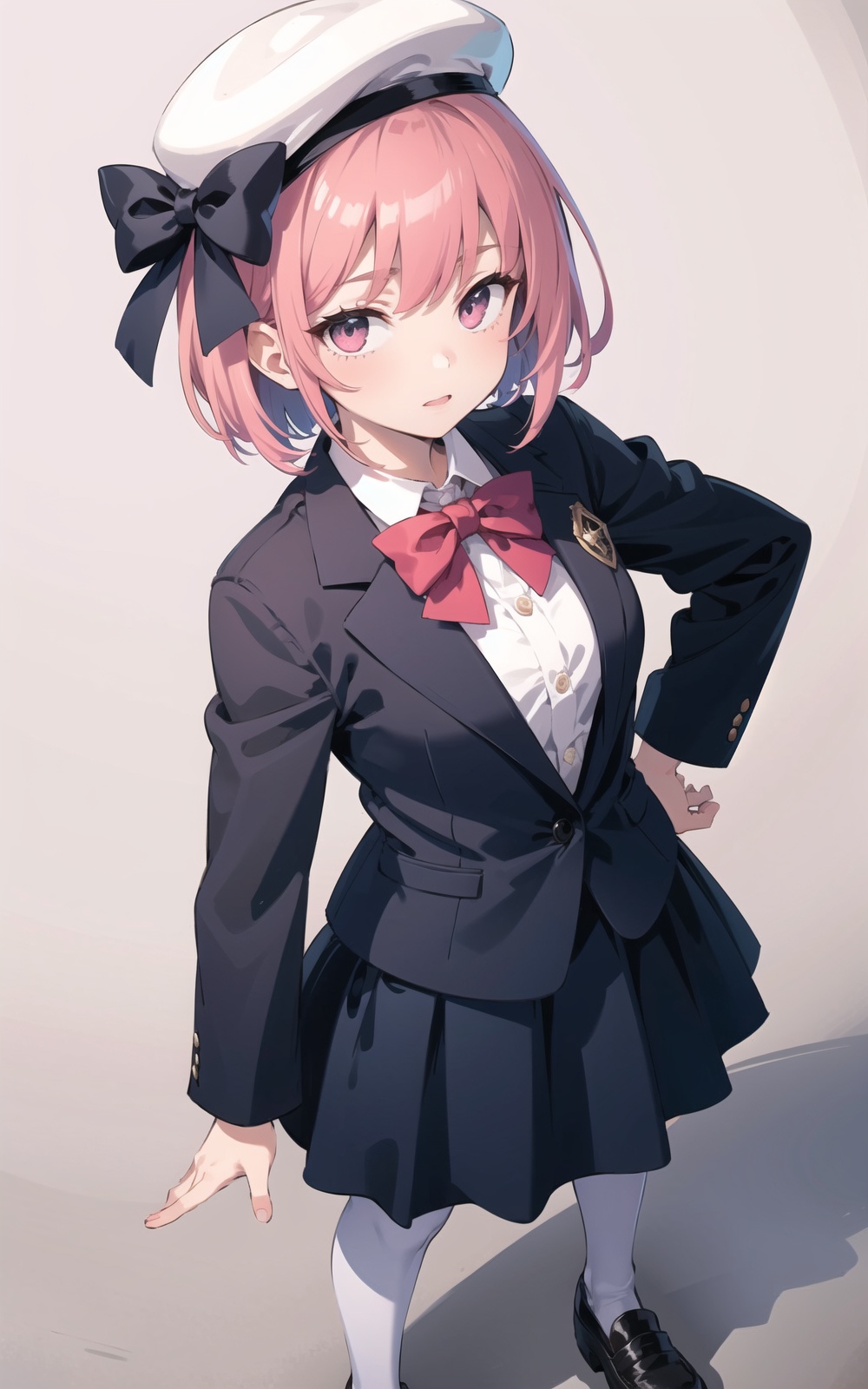 1girl, bow, pink_bow, hand_on_hip, solo, bowtie, gradient, gradient_background, shoes, loafers, skirt, looking_at_viewer, white_legwear, from_above, hat, short_hair, bangs, long_sleeves, hands_on_hips