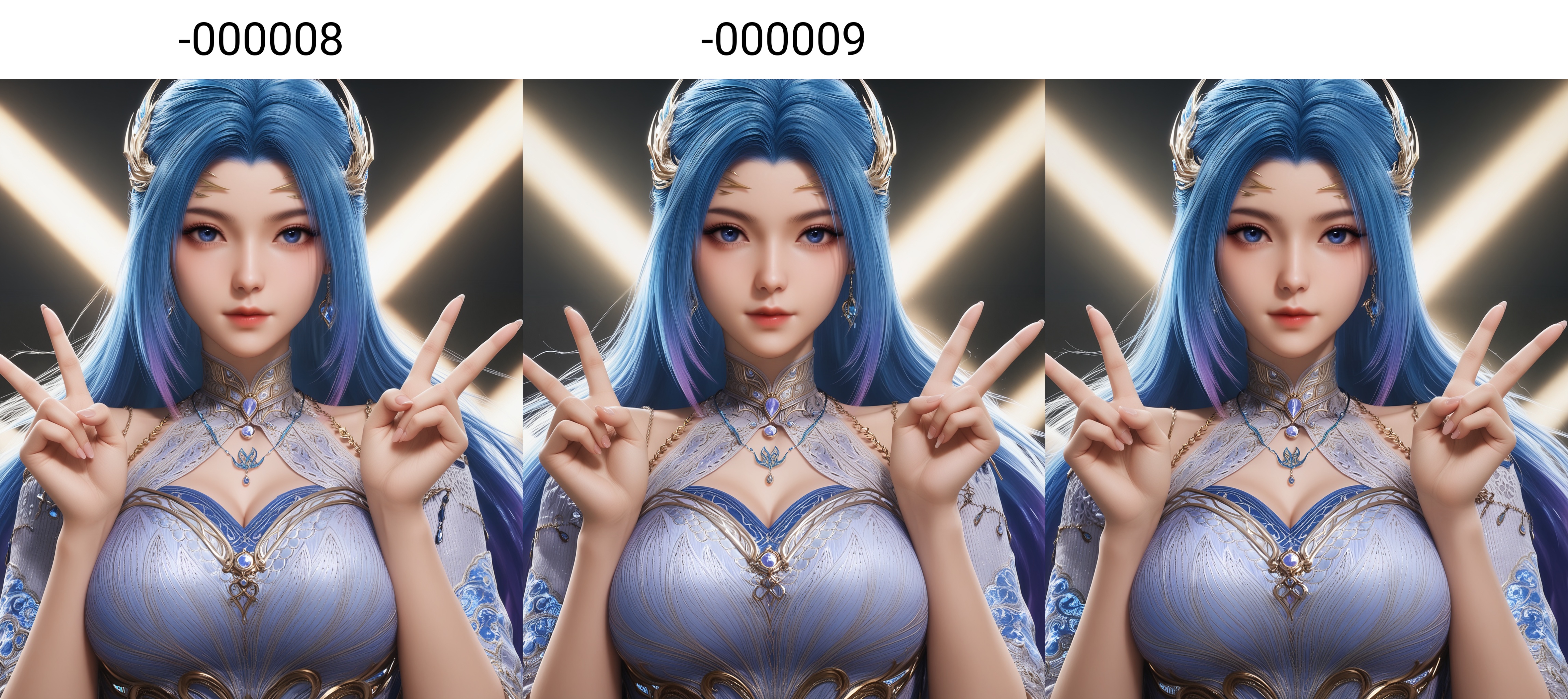 masterpiece,best quality,absurdres,highres,BREAK(glamor:1.1),slender,1girl,solo,<lora:唐舞桐-ill-000008:0.82>,long hair,blue hair,hair ornament,gradient hair,blue eyes,jewelry,earrings,necklace,high collar,clothing cutout,dress,detached sleeves,(large breasts),looking at viewer,front view,upper body,(double v),BREAKsimple background,black background,rim light,Tyndall effect,Volumetric Lighting,Cinematic Lighting,realistic,