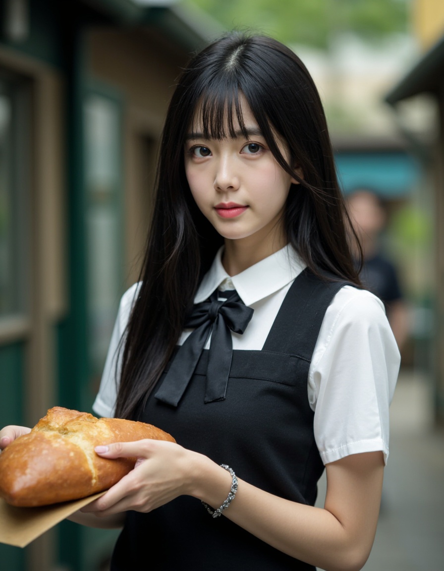 HDR photo of cinematic film still 1girl,solo,food,realistic,vest,looking at viewer,holding,shirt,long hair,bangs,white shirt,upper body,short sleeves,black hair,lips,school uniform,bread,holding food,bow,brown hair,striped,depth of field,black eyes,outdoors, . shallow depth of field, vignette, highly detailed, high budget, bokeh, cinemascope, moody, epic, gorgeous, film grain, grainy . High dynamic range, vivid, rich details, clear shadows and highlights, realistic, intense, enhanced contrast, highly detailed