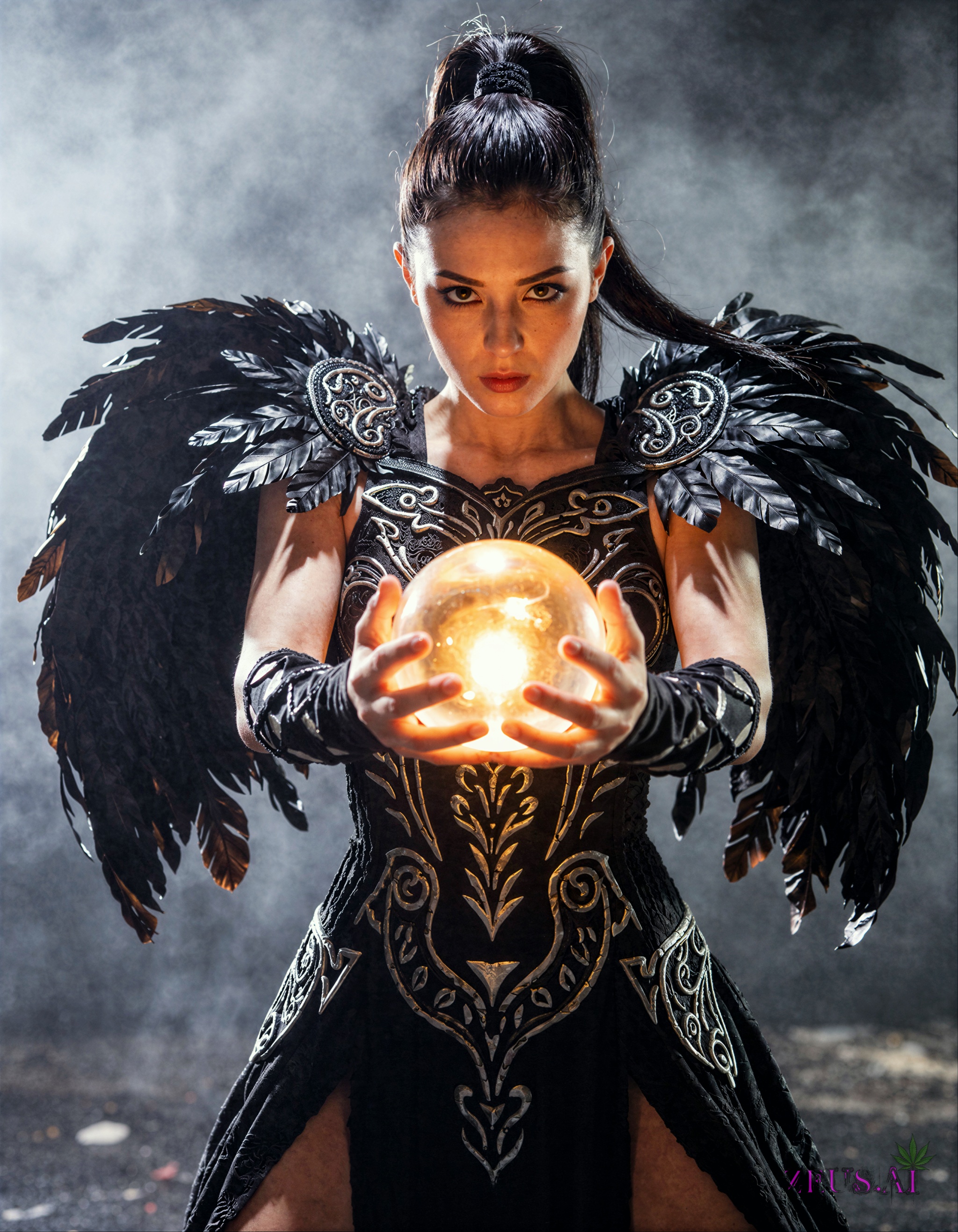 A shoot from a portrait camera angle about a powerful female figure holding a glowing orb in a dramatic pose. the image al...