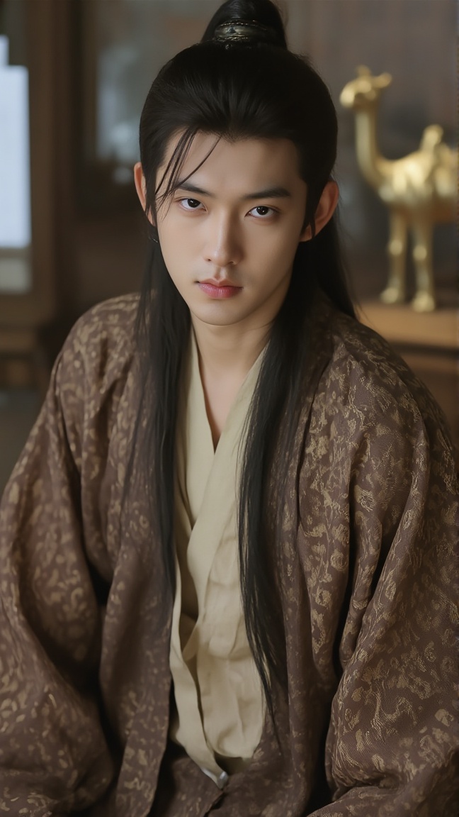 neomj,The image shows a man with long,dark hair tied back in a ponytail,wearing a traditional-style robe with a brown and gold pattern over a light-colored undergarment. In the background,there is a small gold statue of a camel,The man's expression is serious,looking directly at the viewer.,<lora:neomj古风v9_15:1>,
