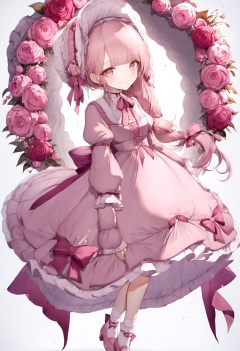 masterpiece, best quality<lora:sd_xl_dpo_lora_v1-128dim:1>,1girl, solo, dress, long hair, bonnet, smile, full body, pink eyes, pink hair, long sleeves , pink theme, pink dress, pink footwear, frills, ribbon, pink bow, closed mouth, pink ribbon, white background, looking at viewer, socks, hat, puffy sleeves, bangs, sparkle, blush, flower, neck ribbon, white dress  , <lora:hitoimimXLlokr4f-000053:1>