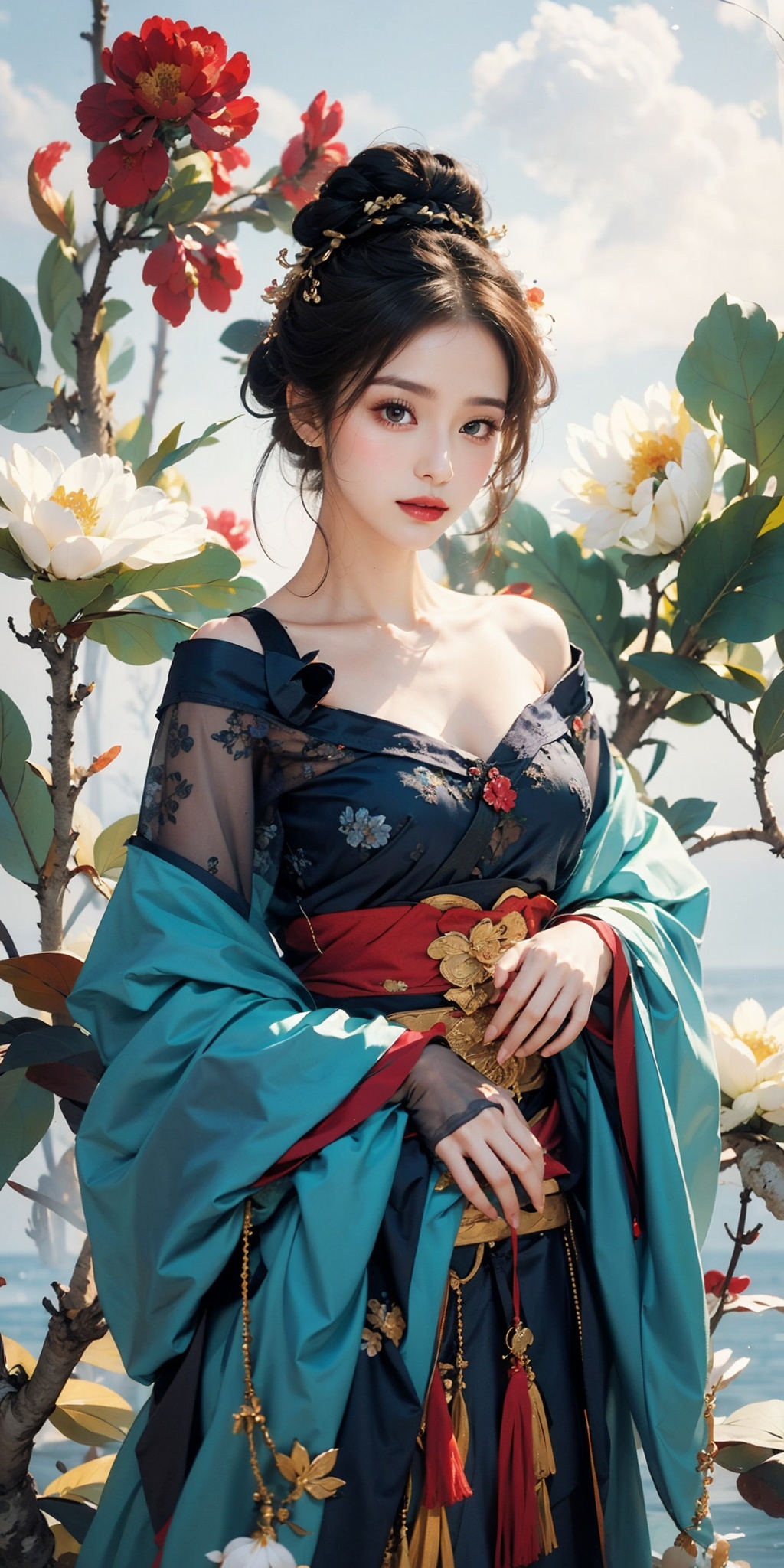 1girl,solo,flower,hair bun,hanfu,water,bare shoulders,black hair,chinese clothes,off shoulder,dress,long sleeves,hair ornament,branch,single hair bun,white flower,leaf,red lips,jewelry,<lora:linhe gufeng_20231016142654:0.8>,(complex background),(gorgeous costume:1.1),(flowers surround the picture:1.2),