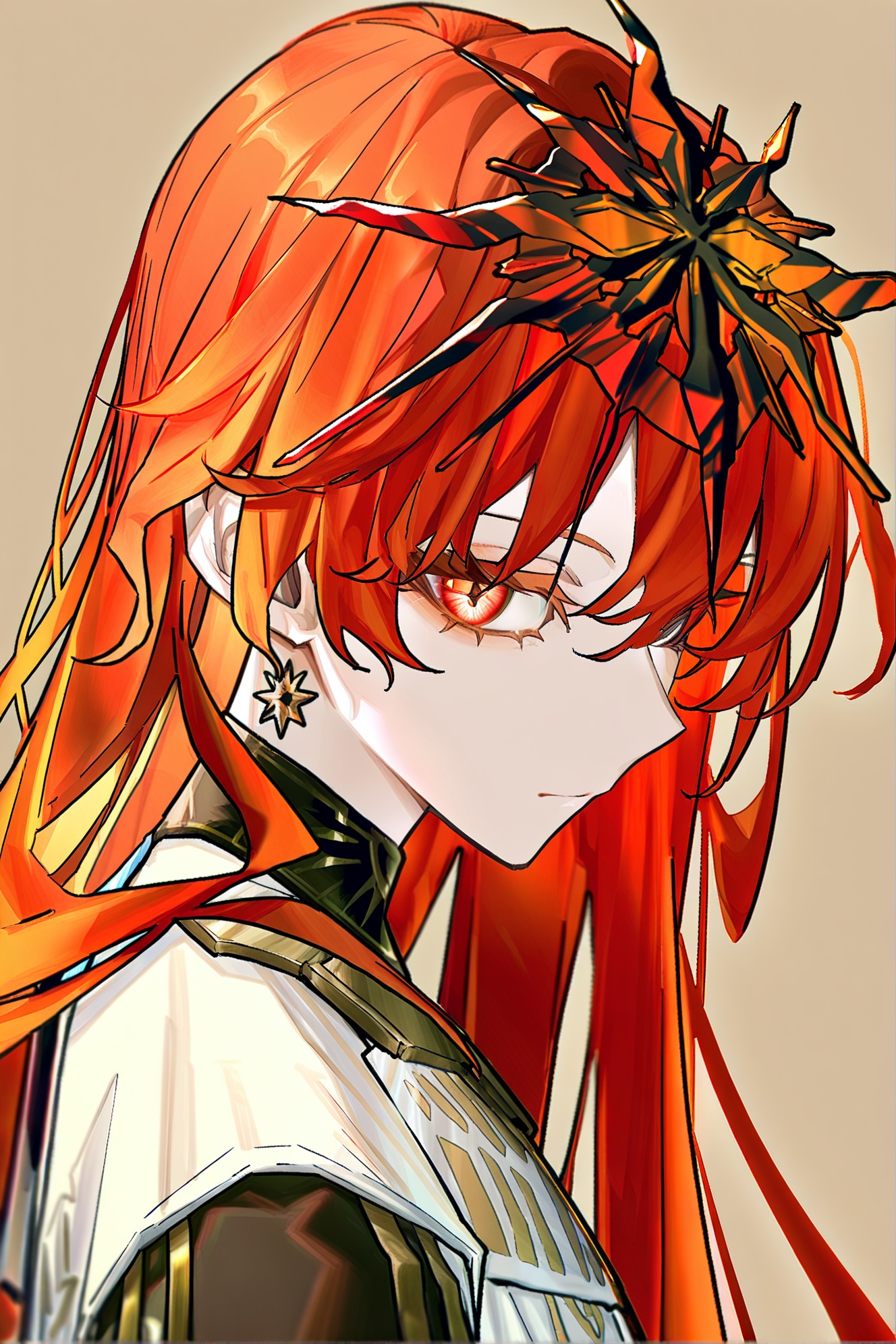 ka ra ra ge tsu ne,miyuki,augusta\(Wuthering Waves\),solo,long hair,red eyes,red hair,1girl,looking at viewer,upper body,closed mouth,simple background,