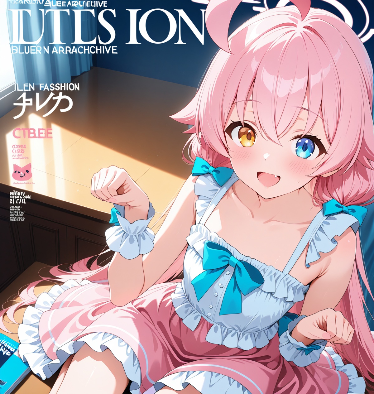 hoshino (blue archive),hoshino (blue archive), 1girl, long hair, heterochromia, pink hair, blue eyes, dress, solo, halo, pink dress, paw pose, ahoge, smile, heart, blush, looking at viewer, frills, bangs, collarbone, wrist cuffs, bare shoulders, fang, hair between eyes, bow, curtains, open mouth, very long hair, hair bow, sitting, :d, frilled dress, pink bow, yellow eyes, indoors, hands up,(aesthetics ),masterpiece,best quality,ultra high definition,32K resolution,clear focus,delicate details,high-end texture,fashion photography,film perspective,rich colors,color palette,advertising style,tension composition,masterpiece,mild atmosphere,latest,dynamic Dutch perspective,transparent composition,magazine cover,cover,
