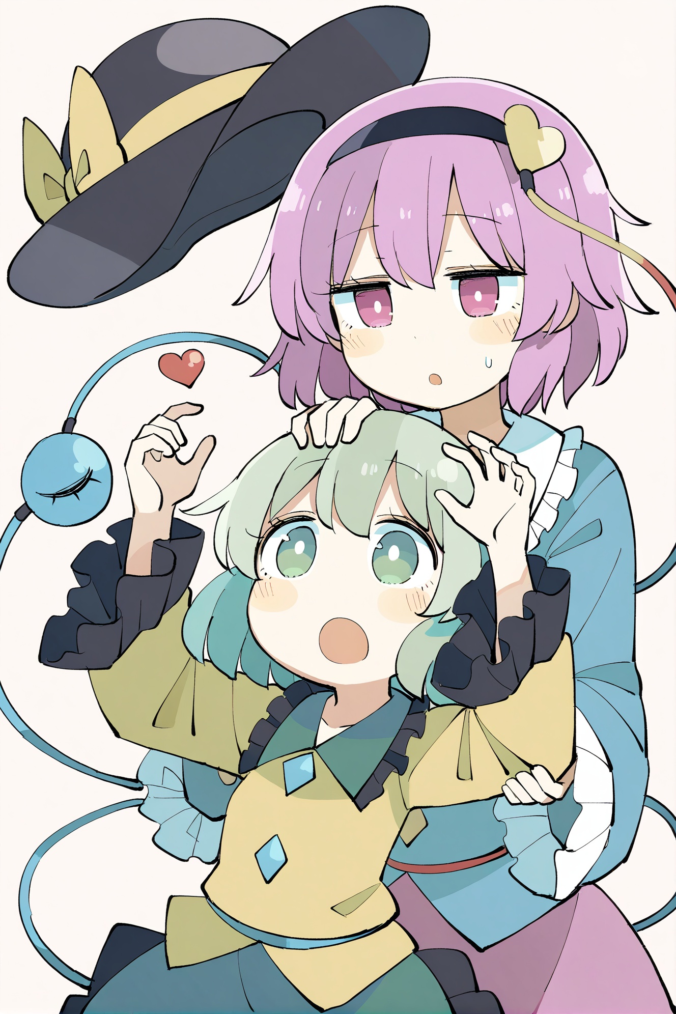 loli,(masterpiece,best quality,highres,absurdres,best quality,amazing quality,very aesthetic,absurdres),multiple girls,2girls,komeiji satori,siblings,komeiji koishi,sisters,green eyes,green hair,hat,third eye,shirt,long sleeves,open mouth,unworn headwear,frills,short hair,black headwear,yellow shirt,blue shirt,unworn hat,hairband,heart,purple eyes,black hairband,heart hair ornament,hair ornament,simple background,frilled sleeves,:o,frilled shirt collar,bow,wide sleeves,sweatdrop,hat bow,blouse,purple hair,hat ribbon,holding,buttons,blush,upper body,yellow bow,pink hair,bright pupils,hand on another's head,ribbon,hands up,white pupils,skirt,headpat,looking at another,yellow ribbon,black eyes,green skirt,pink eyes,collared shirt,medium hair,arms up,eyeball,