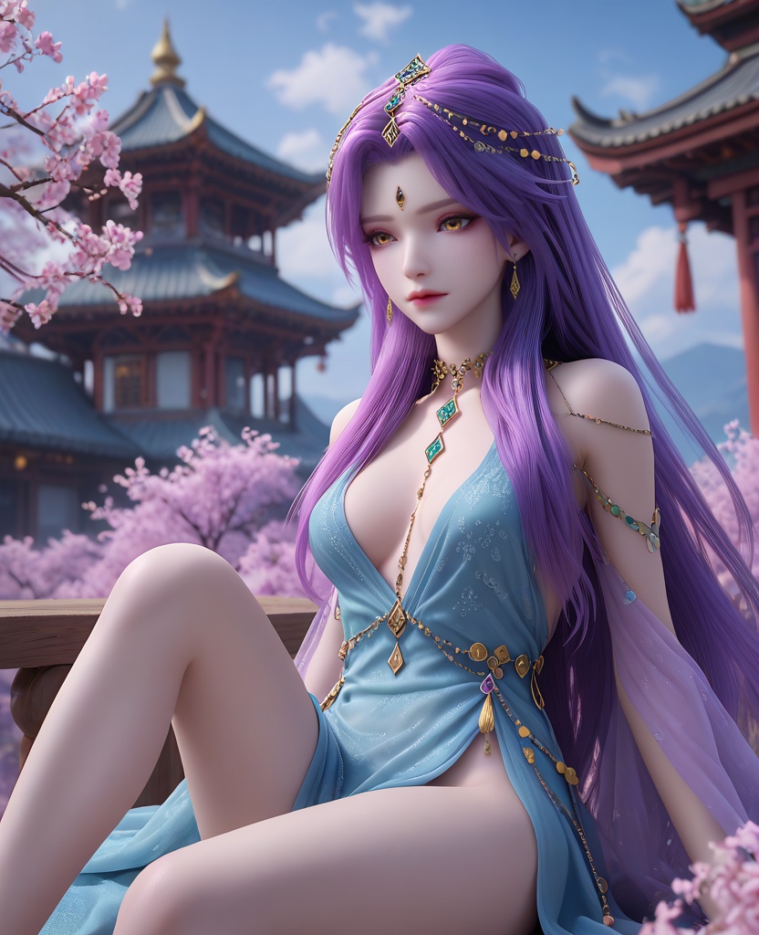 (oriental architecture, elegant decor, sophisticated style:1.1),sitting, m legs,(breasts:1.2),<lora:XL完美世界仙胎女子:0.95>,1girl,mist-formed gown,clouds and mist cover the body,veiled by a wisp of cloud,dress of mist and cloud,yellow eyes,forehead jewel,purple hair,long hair,hair ornament,jewelry,head chain,necklace,, zPDXL2, score_9, score_8_up, score_7_up BREAK realistic, masterpiece,best quality, highly detailed,