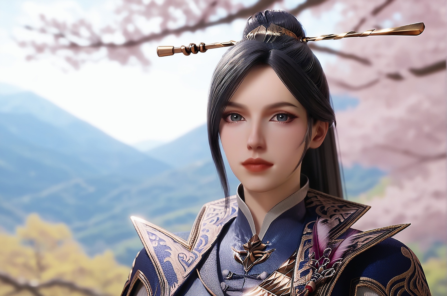score_9_up,score_8_up,score_7_up,score_3D,(upper body),1girl,solo,(looking at viewer),black single hair bun,hair ornament,hair pins,hair stick,high collar,chinese clothes,blue cape,day,sunlight,soft focus,nature,bush,mountains,(blooming sakura trees),river,sun rays through branches,depth of field,Stable_Yogis_PDXL_Positives,<lora:眼部增强-Pony:0.6>,<lora:细节增强-PONY:0.6>,<lora:斗罗大陆2-周漪【Pony】:0.85>,zhouyi,
