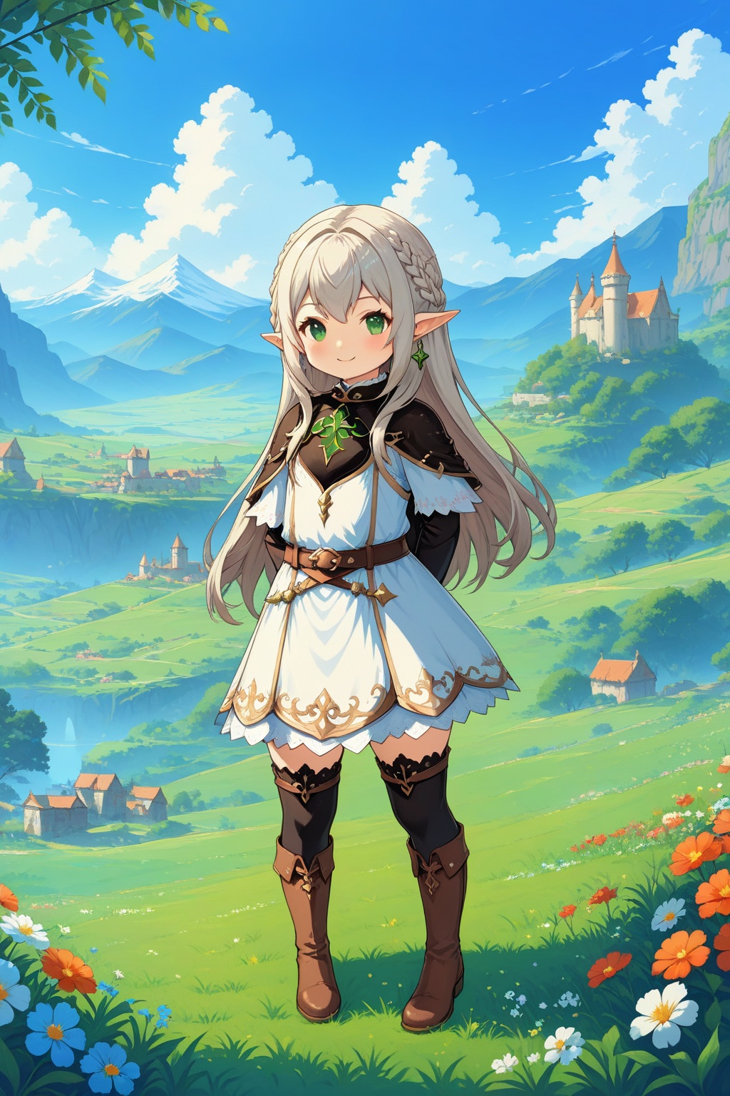 Shinkai Style, background blur, Depth of field, game scene, masterpiece, HD, best quality, 16k,1girl, solo, long hair, looking at viewer, smile, bangs, thighhighs, dress, twintails, jewelry, green eyes, standing, full body, flower, white hair, earrings, boots, outdoors, sky, day, pointy ears, belt, black thighhighs, white dress, capelet, brown footwear, arms behind back, grass, elf, white capelet, lalafell, uafs, nahida<lora:蔚蓝Blue2D游戏角色tusi:1> <lora:蔚蓝Blue中国龙SDXL:0.8> <lora:蔚蓝Blue_ROPG游戏_SDXL_Pony:0.8>