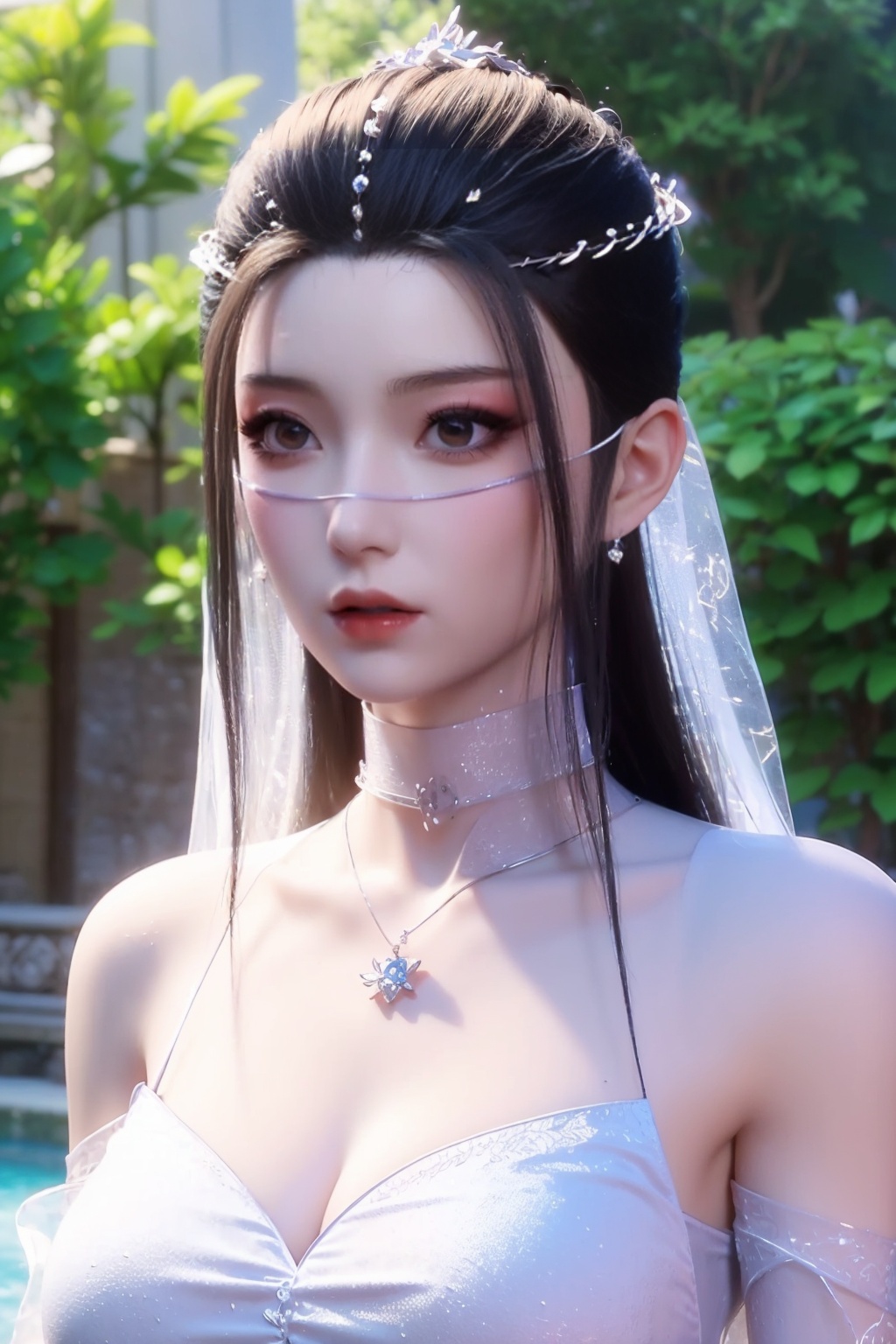 (8k, RAW photos, best quality, surrealist style, masterpiece:1.2),sunlight shining on the body and reflecting,realistic,highly detailed,ultra-fine painting,extreme detail description,vivid colors,huge file size,wallpaper,official art,extremely fine CG unified 8k wallpaper,(all:1.2),1girl,dress,black hair,long hair,breasts,white dress,water,solo,medium breasts,necklace,jewelry,flower,wet,looking at viewer,purple eyes,petals,see-through,wet clothes,bare shoulders,night,very long hair,choker,facial mark,<lora:小仙女v1.1:0.8>,veil,