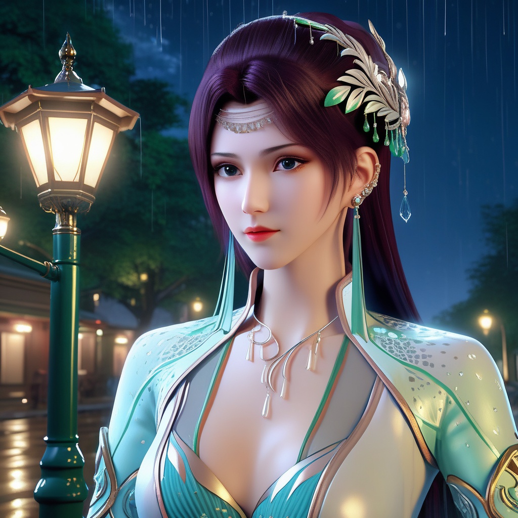 <lora:786-DA-XL-斗破苍穹-云韵-绿服:0.8>, (,1girl, ,best quality, ),looking at viewer, ,ultra detailed 8k cg,            cinematic lighting, cinematic bloom, (( , )),,  , unreal, science fiction,  luxury, jewelry, diamond, pearl, gem, sapphire, ruby, emerald, intricate detail, delicate pattern, charming, alluring, seductive, erotic, enchanting, hair ornament, necklace, earrings, bracelet, armlet,halo,masterpiece, (( , )),,  ,cherry blossoms,(((, night,night sky,lamppost,  ultra high res, (photorealistic:1.4), raw photo, 1girl, , rain, sweat, ,wet, )))(( , ))   (cleavage),,  (sit), ,