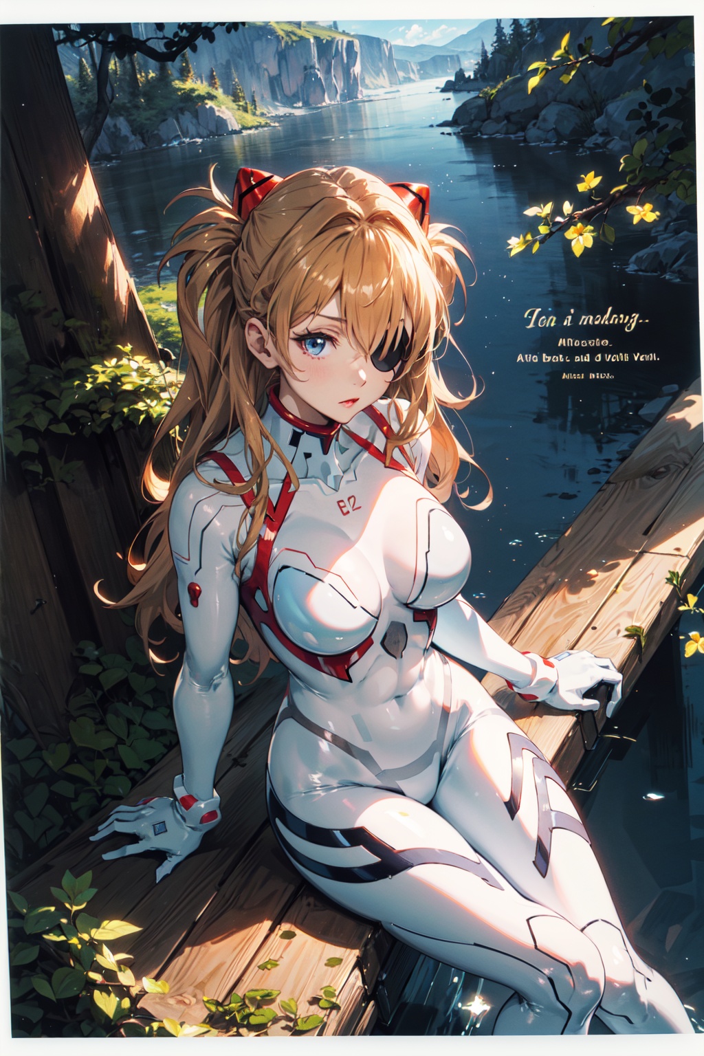 <lora:Asuka-000018:0.8>,Asuka CYQL,1girl,looking at viewer,solo,long hair,blue eyes,interface headset,brown hair,orange hair,hair between eyes,two side up,medium breasts,(Asuka White,eyepatch,plugsuit,bodysuit,white bodysuit,skin tight),(giggling:1.2),beautiful face,beautiful eyes,glossy skin,shiny skin,(portrait,from_above,sitting:1.2),clenched hands,Redwoods, Giant trees, Ferns, Moss, Sunlight, Wildlife, Tranquility, Oxygen,Roses,beautiful detailed sky,beautiful detailed glow,(English text:1.3),(border:1.5),posing in front of a colorful and dynamic background,(masterpiece, best quality, beautiful and aesthetic:1.3),contrapposto,female focus,fine fabric emphasis,wallpaper,fashion,Lipstick,depth of field,intricate_detail,finely_detailed,fine_fabric_emphasis,(glossy),<lora:增强减少细节add_detail:0.3>,