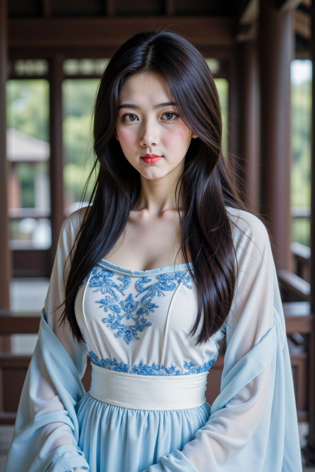 HDR photo of cinematic film still,This is a beautiful photograph of a woman,black hair cascading over her shoulders,She is wearing a boatneck white and blue chinese dress,Standing,Looking at the viewer.