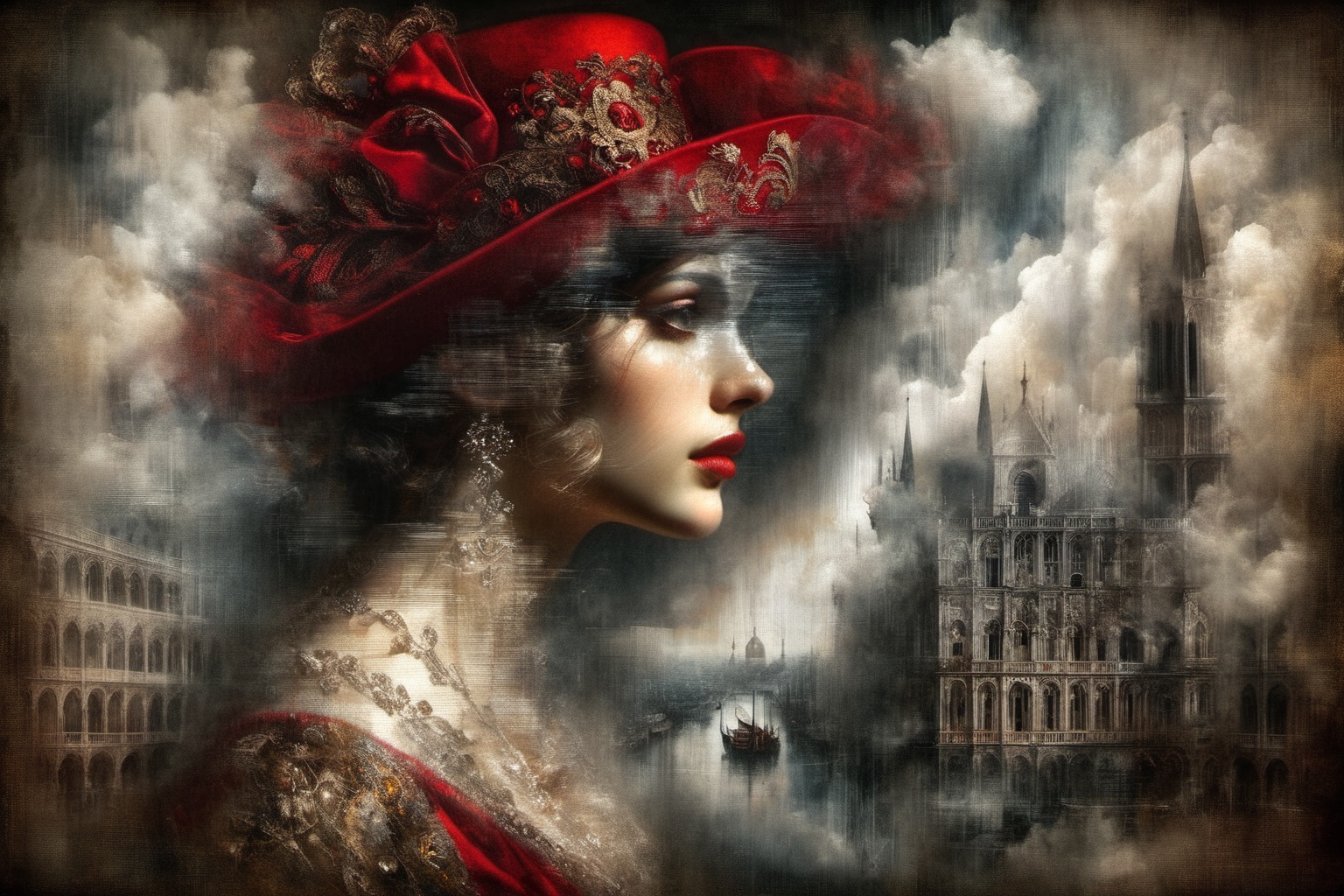 Double Exposure: portrait oil painting,  of a ((transparent woman with a double exposure city in her head)),  we see the d...