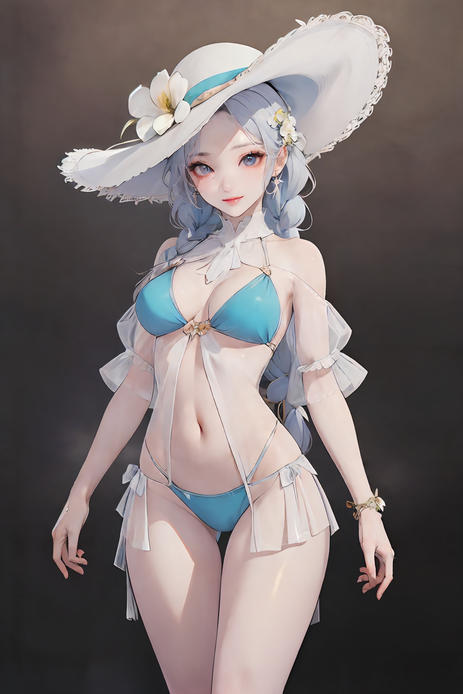 ((sfw:1.1)),((masterpiece, best quality, best shadow, official art, correct body proportions, Ultra High Definition Picture, master composition)),(best hands details:1.4),1girl,solo,mature female,full body,perfect body,shiny skin,breasts,narrow waist,wide hips,makeup,seductive_smile,curvy,seductive posture,perfect leg curves,zipingyongzhuang,swimsuit,see-through,bikini,flower,navel,jewelry,long hair,braid,hat flower,white headwear,water,cowboy_shot,