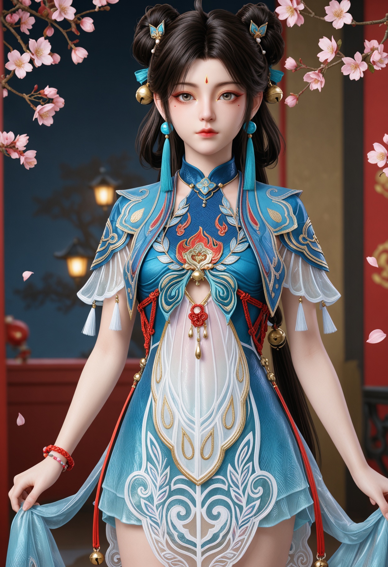 (cowboy shot:1.2),(looking at viewer:1.1),masterpiece,(best quality),smog,Dark room,dim lighting,peach blossom,falling petals,<lora:YQ_Illustrious光辉v5_蓝梦_V1:0.8>,q1528437228,1girl,solo,jewelry,black hair,dress,hair ornament,earrings,long hair,hair bun,chinese clothes,double bun,tassel,blue dress,facial mark,forehead mark,bell,bracelet,short sleeves,mole under eye,brown hair,grey eyes,beads,shoes,ahoge,hair rings,brown eyes,white footwear,china dress,hair bell,braid,jingle bell,sandals,