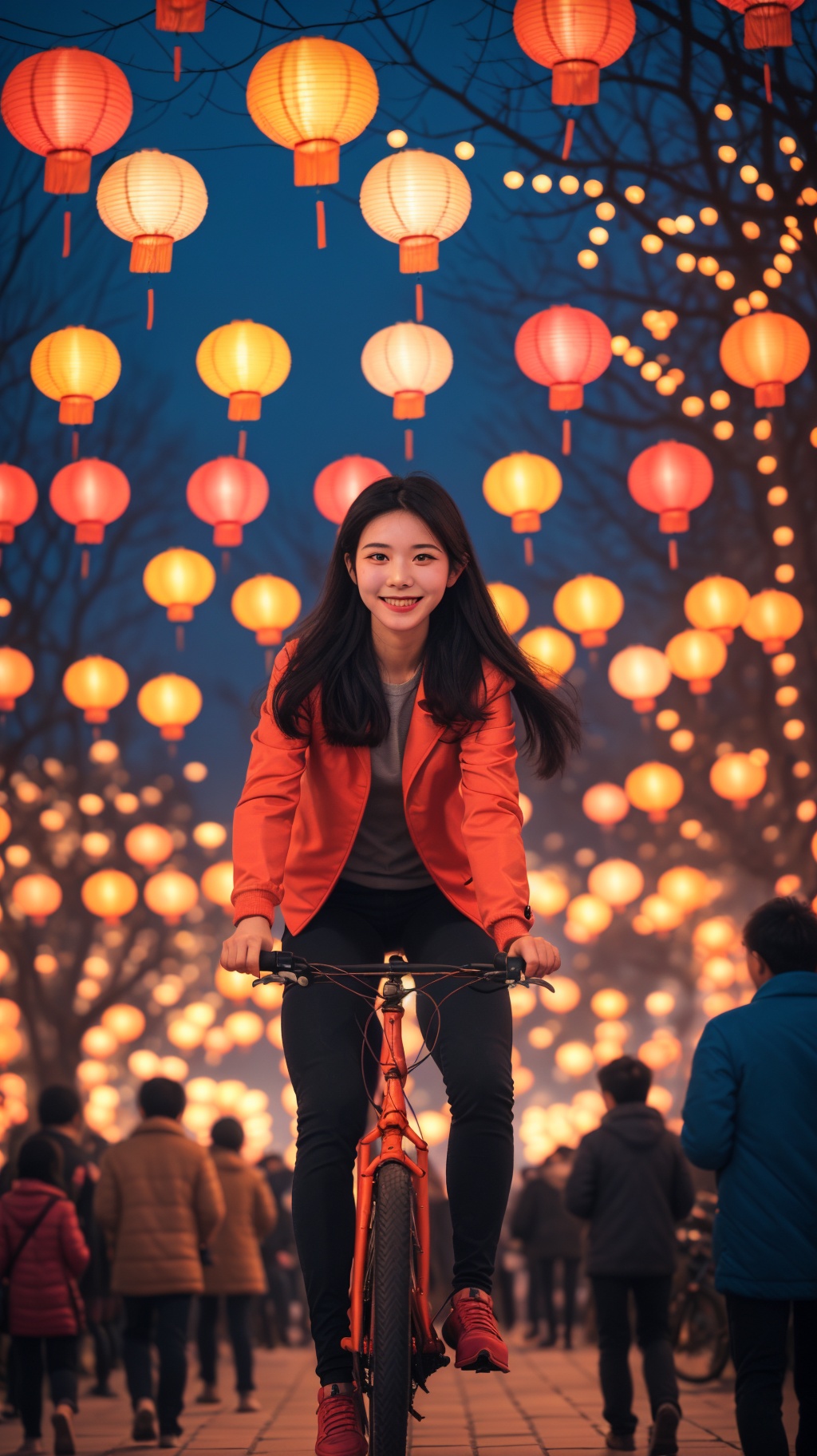 lantern,blurry,night,paper lantern,ground vehicle,1girl,long hair,kind_smile,tree,depth of field,bag,solo focus,bicycle,walking,sky,black hair,blurry background,jacket,road,happy_new_year,front view,