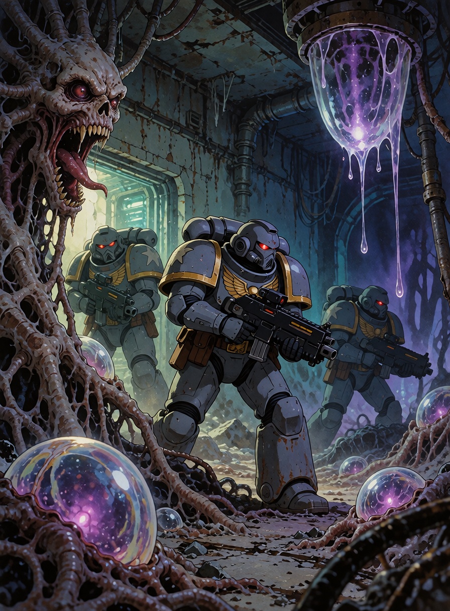 A team of three ***** space marines wearing bulky 1980s futuristic combat armor entering a derelict extraterrestrial labor...