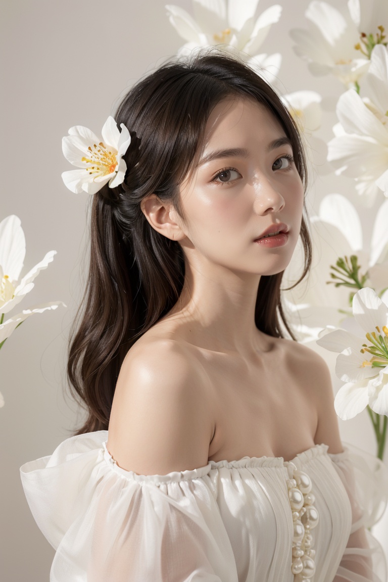 1girl, asians, a woman surrounded by translucent, large-scale flowers. She is dressed in a white off-shoulder gown and is adorned with a pearl-like accessory in her hair. Her makeup emphasizes her eyes and lips, and she exudes a serene and ethereal aura, masterpiece,best quality,very aesthetic,absurdres,