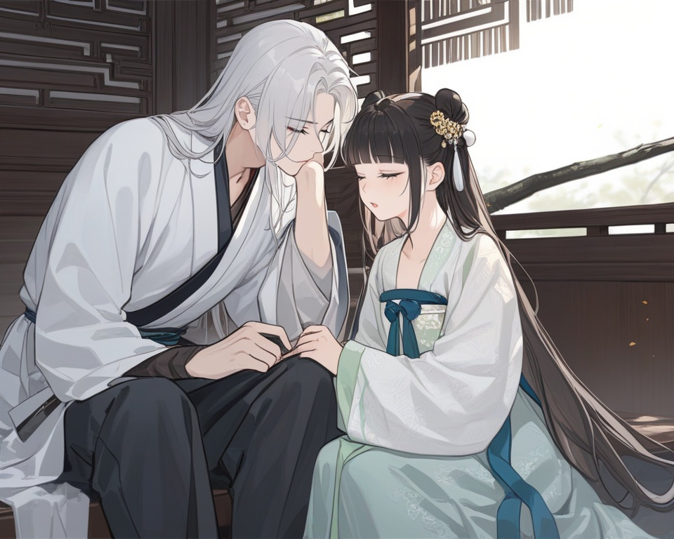 (best quality), ((masterpiece)), (highres), illustration, original, extremely detailed,<lora:Old wind:0.7>licg, 1girl, 1boy, hair bun, black hair, white hair, chinese clothes, long sleeves, sitting, long hair, bangs, double bun, closed eyes, hanfu, hair ornament, black pants, blunt bangs