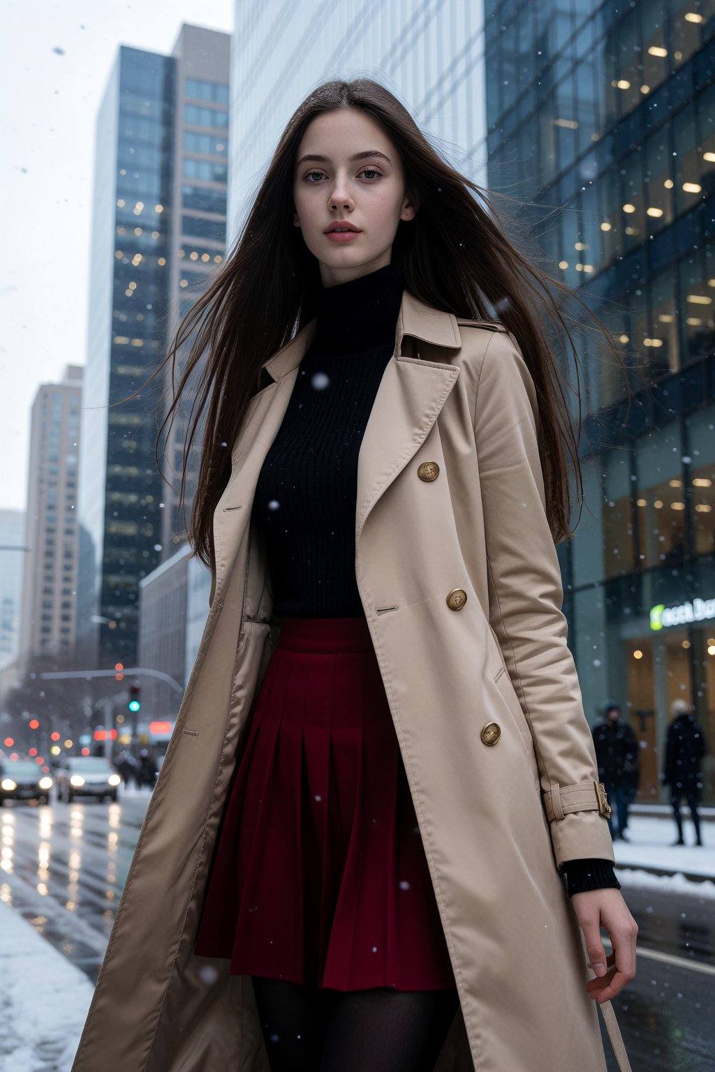 This is a high-resolution photograph of a young Caucasian woman standing on a bustling city street,  with snowflakes gentl...