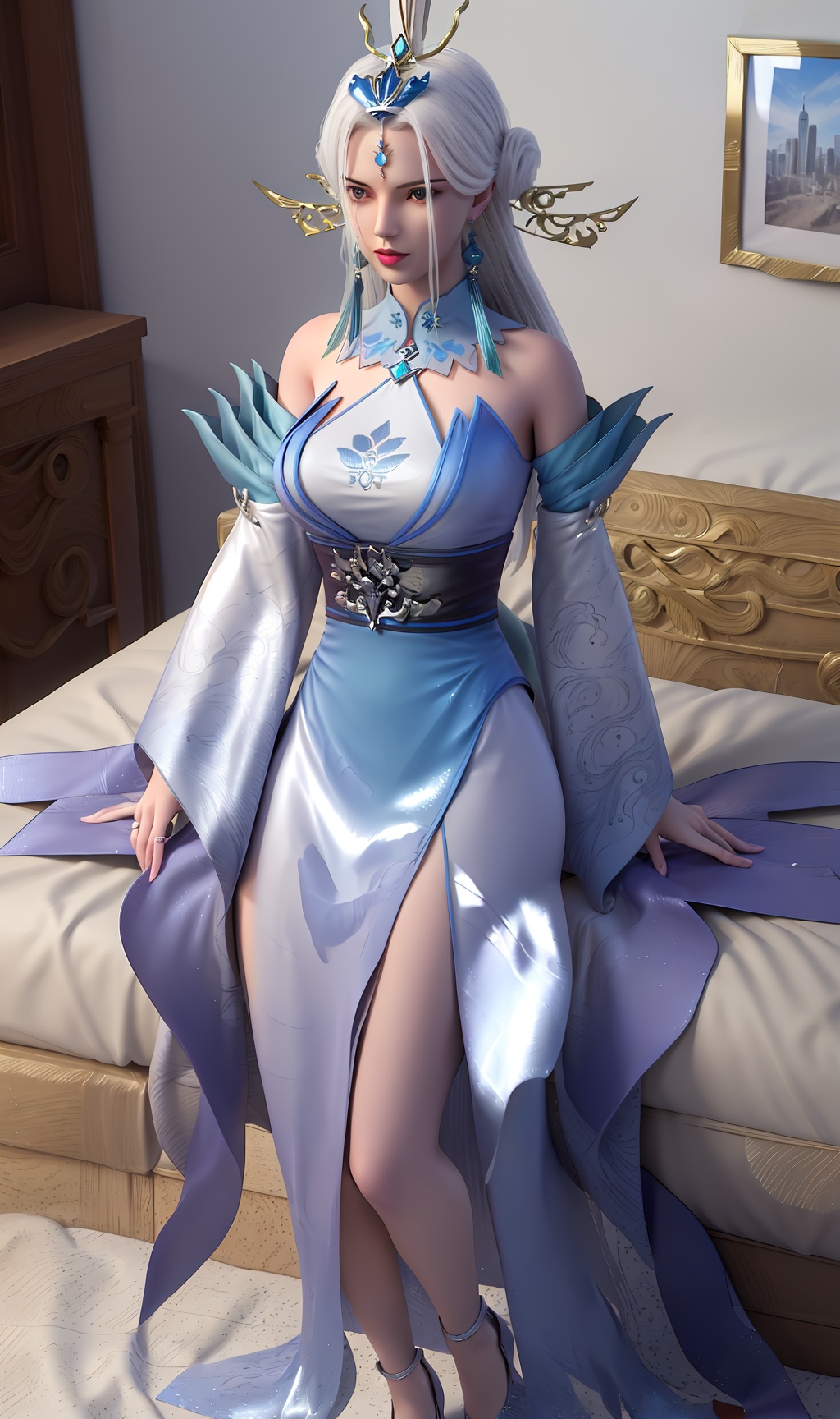 3D,masterpiece,(best quality),(makeup),official art, extremely detailed cg 8k wallpaper,((crystalstexture skin)), (extremely delicate and beautiful),(highly detailed),(face),(collar),tassel,,(wide_sleeves),,(tiara),(ribbon),(headpiece),(1girl), (solo), (jewelry), (earrings),(white_hair),(long_hair),(hair_ornament),(handwear),(breasts),(sitting),((full_body,whole_body)),(long_legs),(off-shoulder_dress),(closed_mouth),(long_skirt),(chinese_clothes),(dress),,(multicolored_clothes),(multicolored_dress),(shiny_clothes),(city,indoor,bed),(gown),((looking_at_viewer)),((Facing the camera)),(shoes),(high_heels),, <lora:hipoly3DModelLora_v10:0.3>