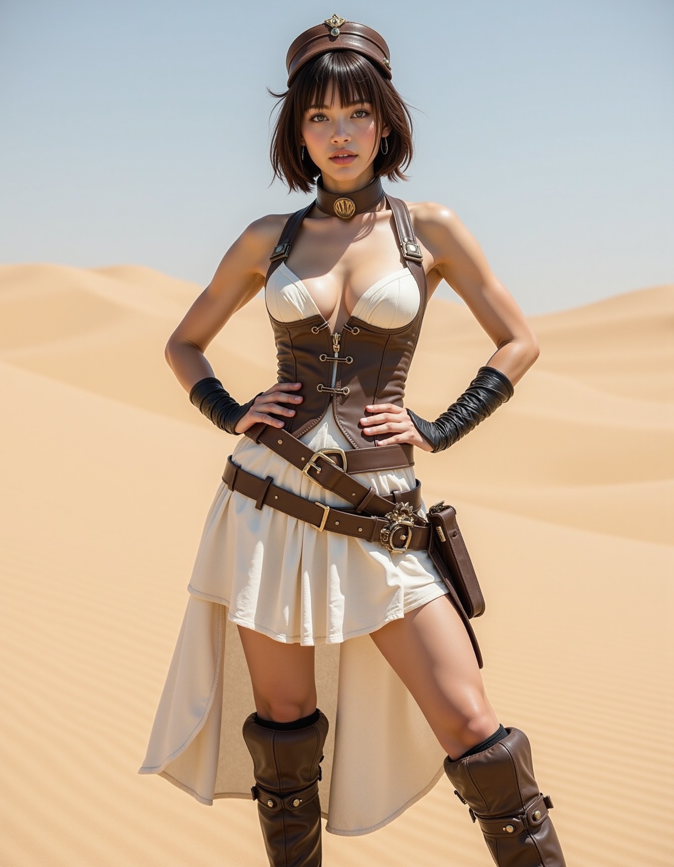 asian beauty,  a woman in a steampunk outfit standing in the desert,  with sand beneath her feet. She is wearing a white a...