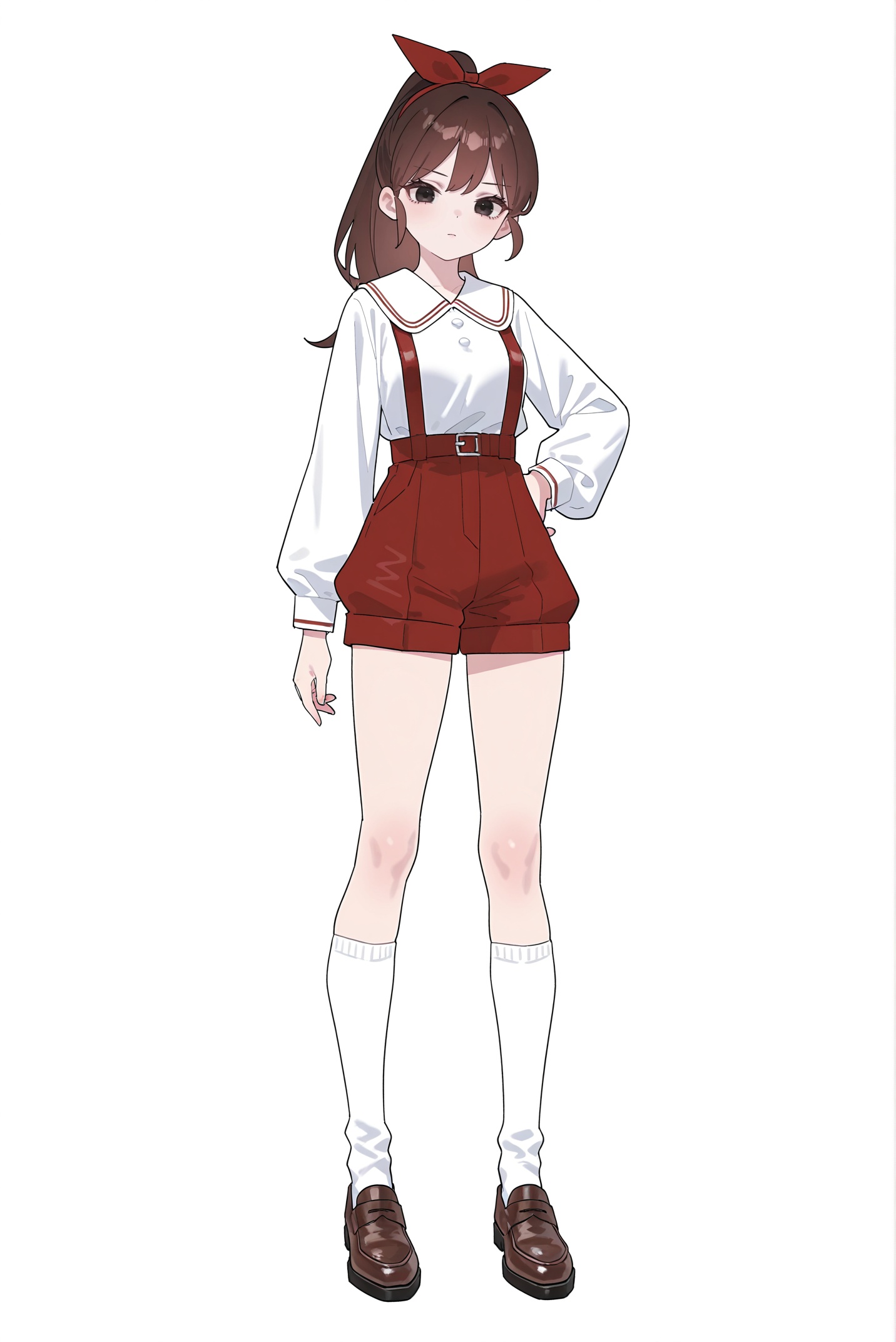 8k,best quality,masterpiece,(ultra-detailed),(high detailed skin),(year 2024:0.8),flat color,artist:maidforge,artist:aqua inc.,artist:edoya inuhachi,artist:reoen,artist:fuzichoco,full body,full shot,standing,looking at viewer,(solo:1.2),simple background,(white background:1.2),hand on own hip,(white background:1.1),<lora:ruirui-ill-Tanger:0.8>,ruirui,clothes: ruirui red bib pants with white shirt,1girl,brown hair,shorts,brown footwear,white shirt,long hair,suspenders,black eyes,white kneehighs puffy socks,ponytail,