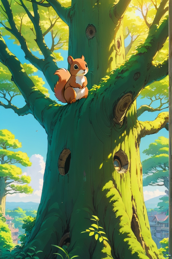 Squirrel Stick head out of a tree, Drill out, a tree, Anime, Soft color, studio ghibli, ghibli style, soft tone, panoramic, Ultra high saturation, bright and vivid colors, intricate, (best quality, masterpiece, Representative work, official art, Professional, 8k)