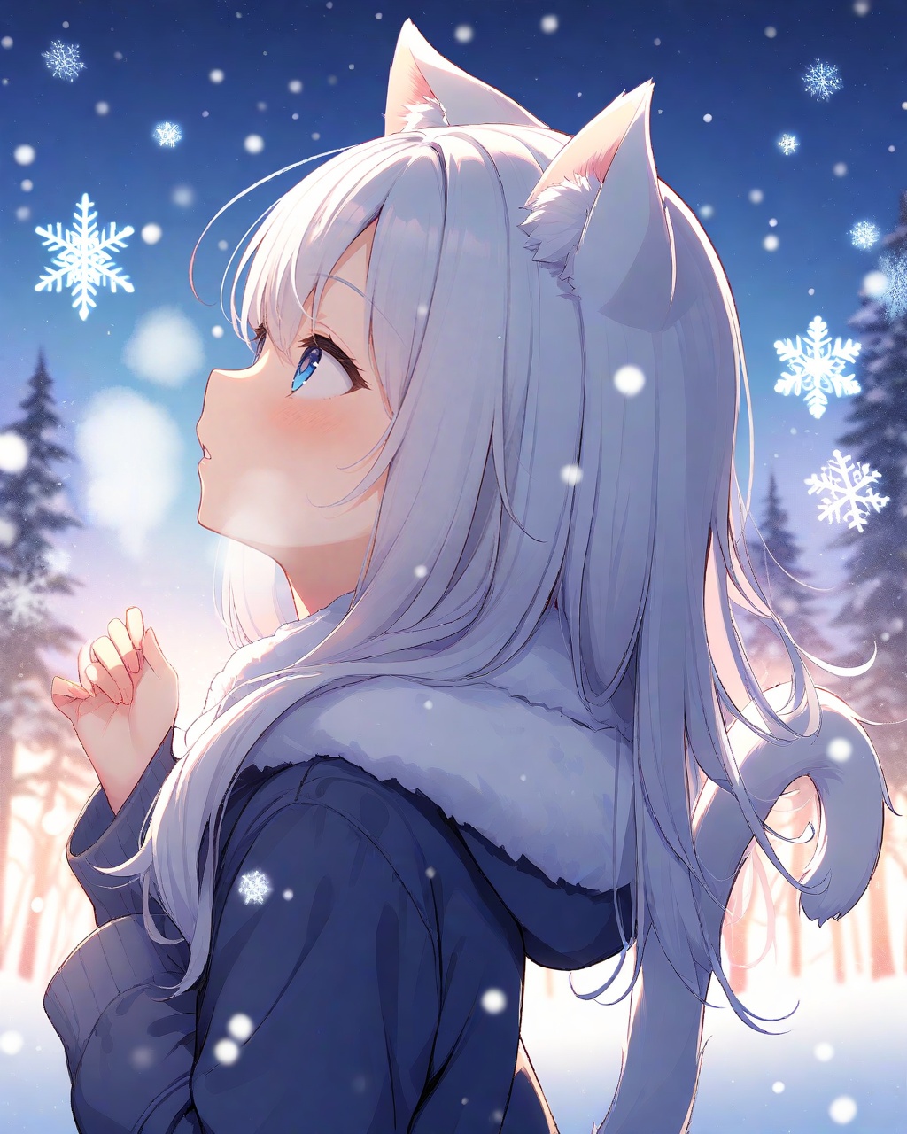 (Best-A:1.1),no_artist,1girl, animal ears, tail, blue eyes, solo, cat tail, cat ears, cat girl, white hair, hood, long hair, animal ear fluff, hood down, outdoors, snow, blush, parted lips, upper body, tree, snowing, winter, snowflakes, fur trim, breath, looking up, hooded jacket, from side