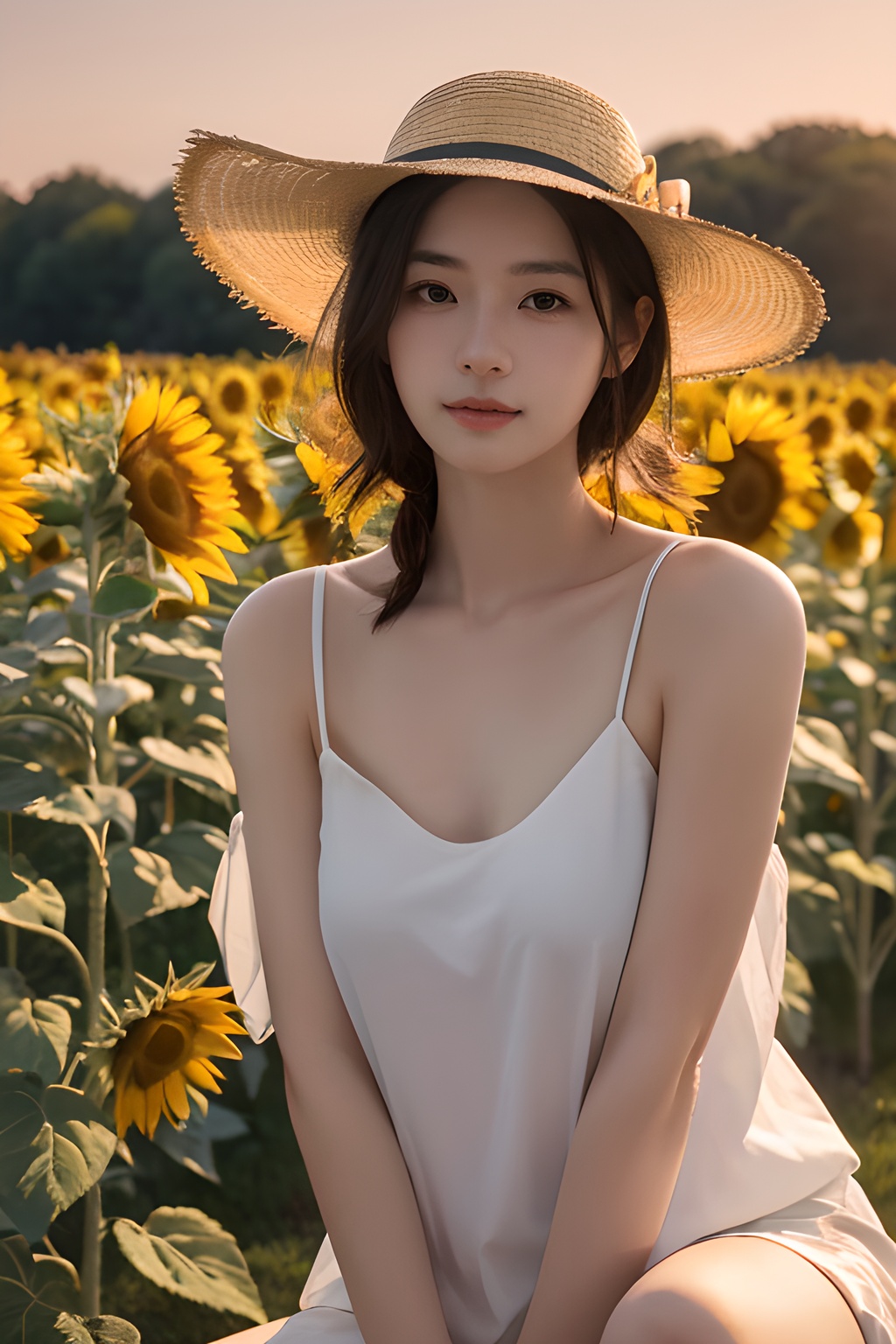 <lora:0809_01:0.7>,a girl with a sun hat, sitting in a field of sunflowers, bathed in the golden glow of sunset, warm hues, peaceful ambiance, natural beauty.korean girl,black hair,, 1girl,realistic,masterpiece, best quality, photorealistic, HDR,detail