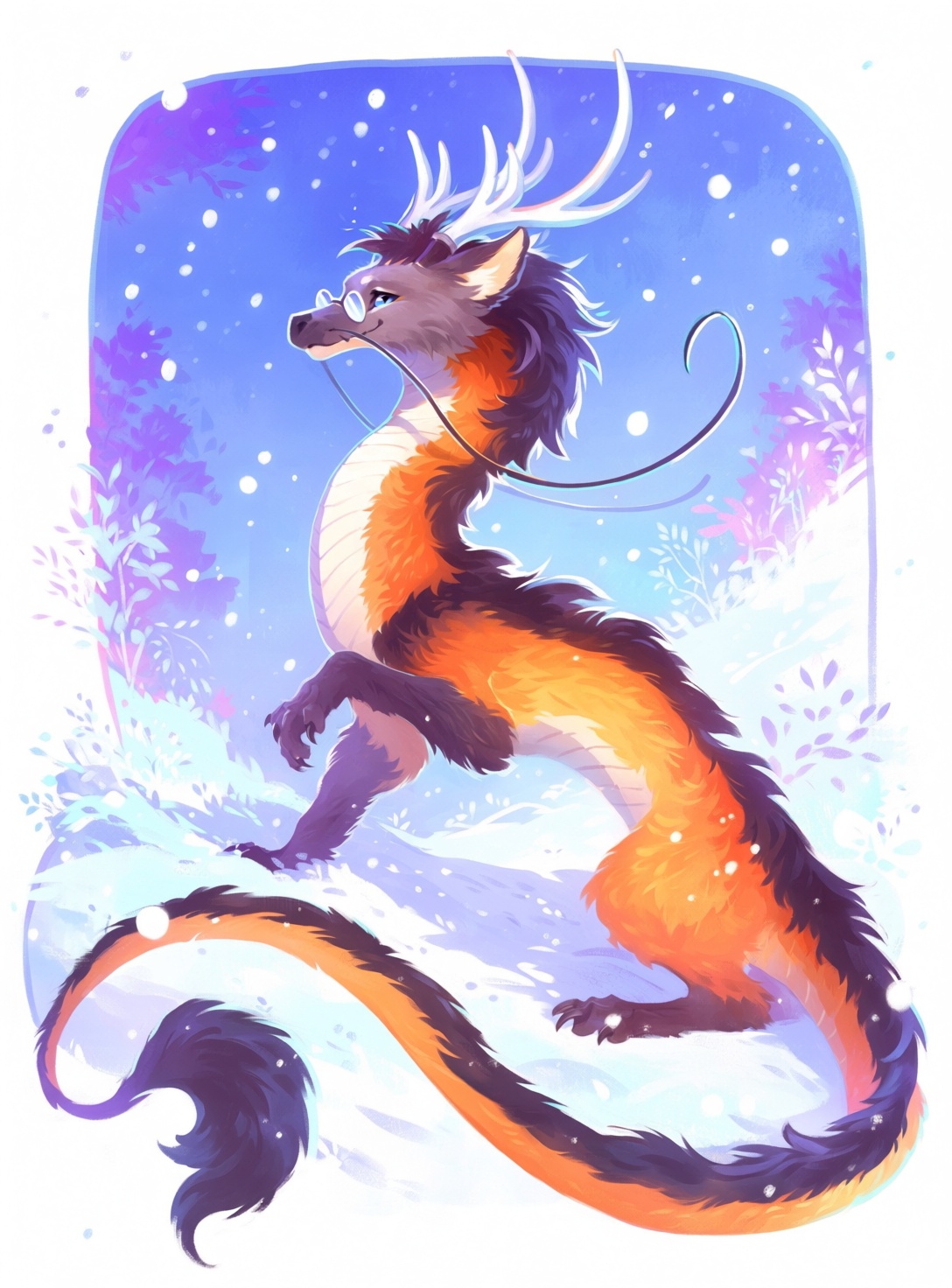 @himmis,  This is an enchanting side view portrait of an eastern dragon male standing in a serene outdoor setting during w...
