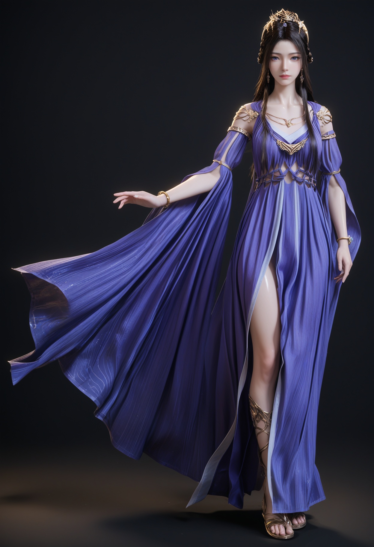 (standing full_body:1.1),(score_9:1.2),(score_8_up:1.2),(top quality, 8k wallpaper:1.1),(masterpiece:1.1),(best quality:1.2),(intricate details),8k,1girl,facing viewer,(looking at viewer:1.1),<lora:YQ_pony_ziling_V4:0.95:lbw=1,1,1,1,1,1,1,1,1,0.8,0.8,0.1>,q1528437228,1girl,solo,long hair,black hair,dress,jewelry,hair ornament,necklace,blue dress,purple dress,blue eyes,bracelet,detached sleeves,hair bun,brown hair,earrings,braid,single hair bun,mole,wide sleeves,sandals,purple eyes,mole under eye,tiara,long sleeves,pantyhose,BREAK(score_9:1.2),(score_8_up:1.2),masterpiece,best quality,very aesthetic,perfect anatomy,(hourglass),perfect face,(simple background,pure black background,black background:1.1),fair_skin,(shiny_skin:1.1),Ivory_skin,