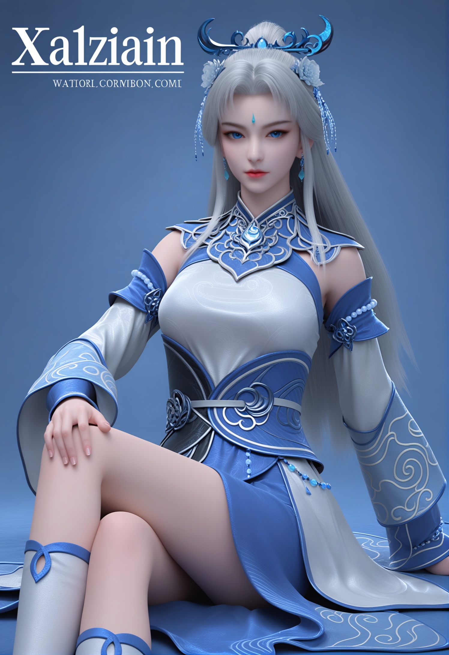 score_9,score_8_up,score_7_up,1girl,solo,realistic,(looking at viewer:1.1),sitting,(crossed_legs:1.2),1girl,solo,realistic,dress,white dress,blue dress,long sleeves,chinese clothes,blue gemstone,detached sleeves,socks,1girl,solo,realistic,jewelry,hair ornament,hair flower,flower,hair stick,earrings,beads,1girl,solo,realistic,(mature face:1.2),big eye,(pale_skin:1.1),shiny_skin,slender face,long hair,white hair,grey hair,hair bun,blue eyes,forehead mark,forehead jewel,facial mark,lips,makeup,eyeshadow,bare shoulders,closed mouth,realistic,solid background,simple background,(magazine cover theme:1.05),(white chair:0.8),<lora:小巳-霜怜月:0.85>,